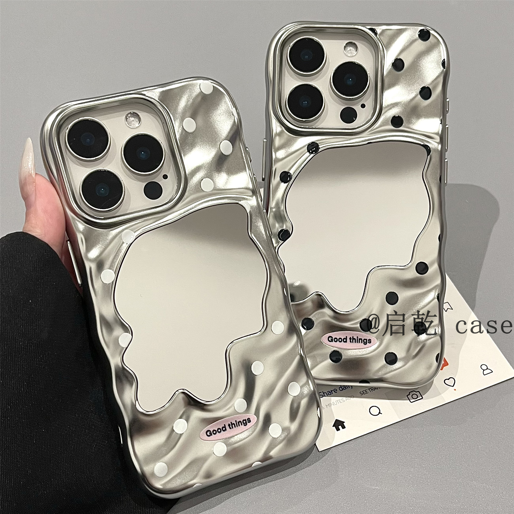 启乾 电镀褶皱镜面波点iPhone16/15手机壳适用苹果14/13promax软壳高级感小众韩系创意新款镜子女神气质