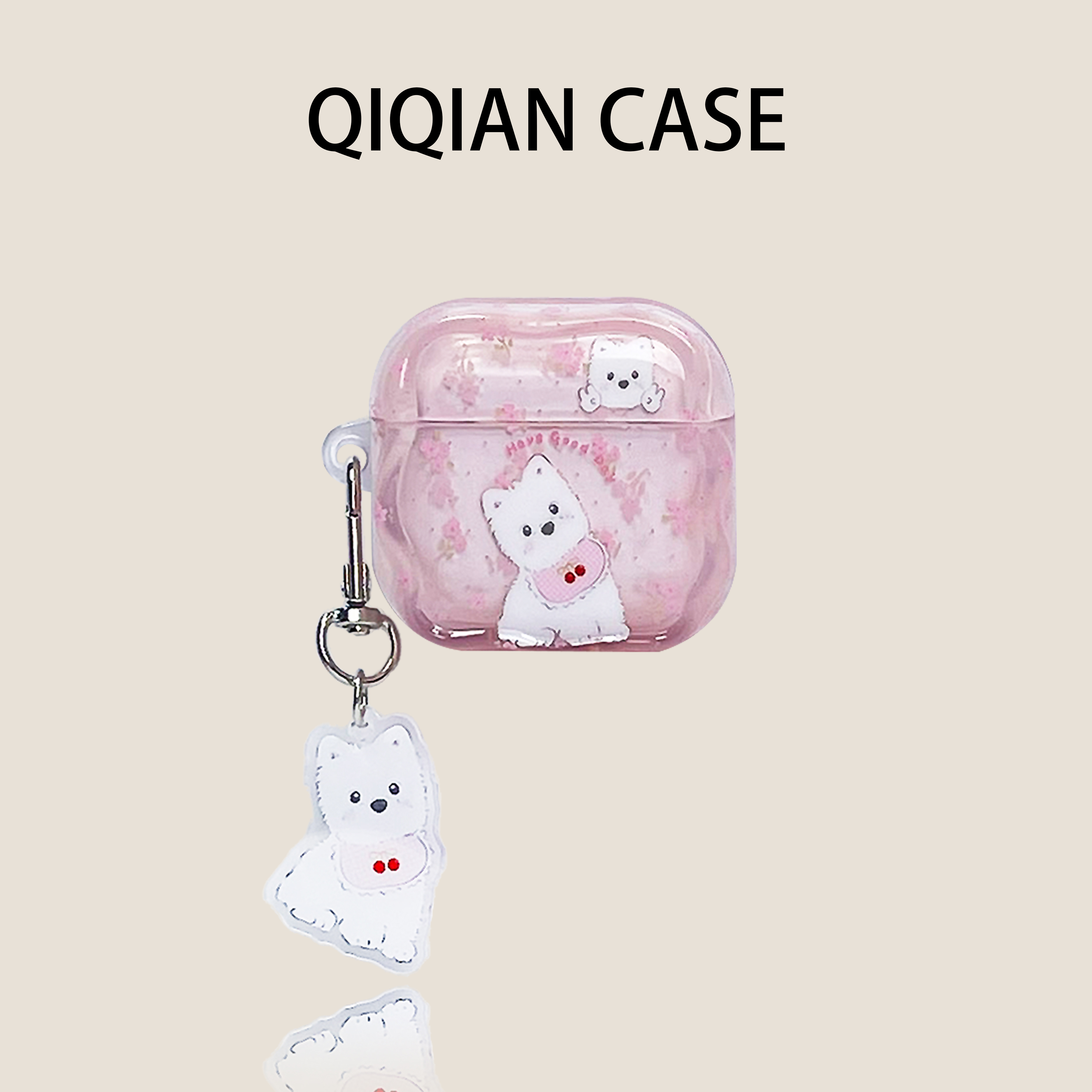 启乾 粉色碎花口水巾西高地腕带Airpods4/3耳机保护壳套2pro二三代新款适用苹果无线蓝牙硅胶软壳链条挂绳ins