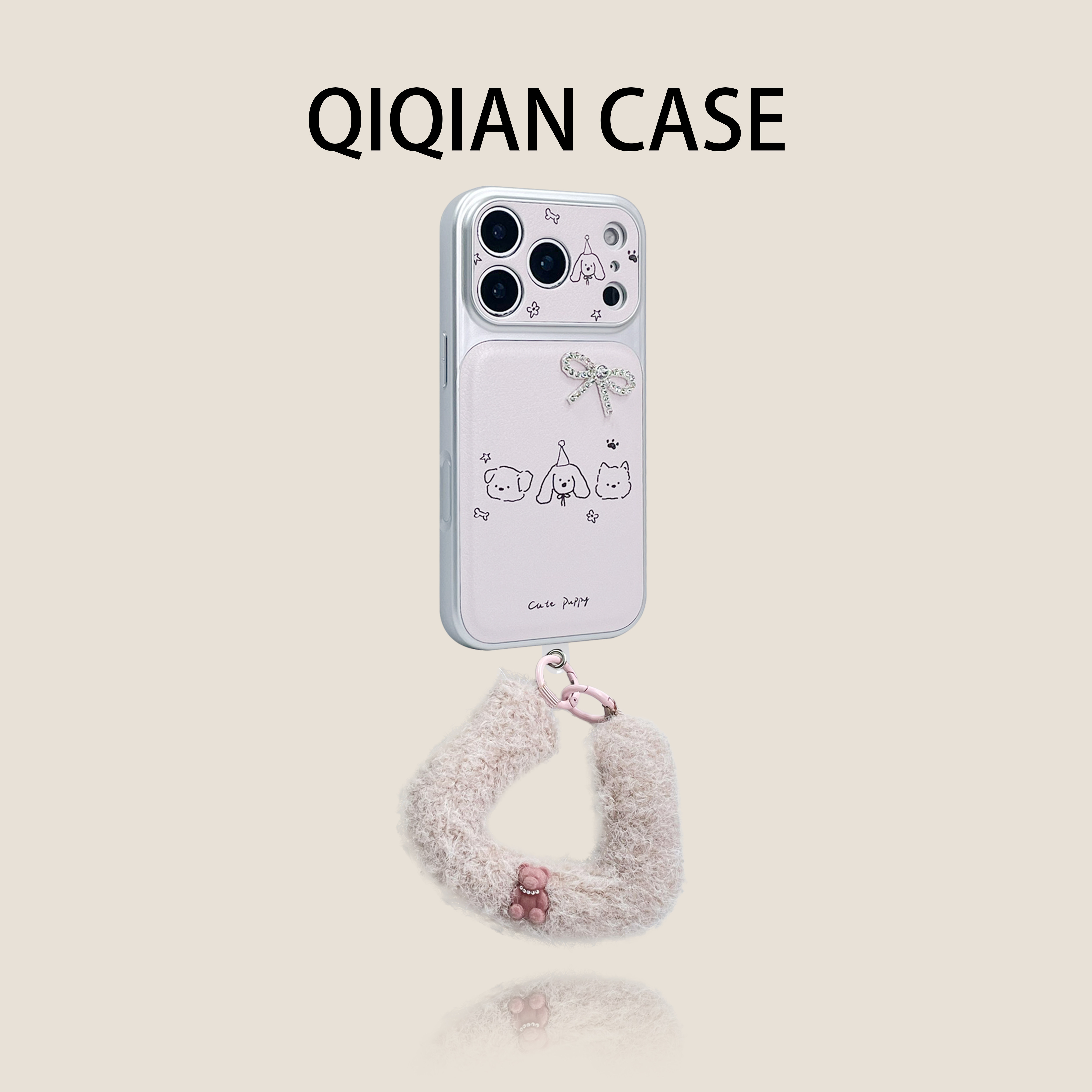 启乾 趣味新款粉色闪钻蝴蝶结线条三只小狗腕带iPhone17/16手机壳适用苹果15/14promax硬壳链条挂绳可爱ins风,3C数码配件,手机保护套/壳,淘宝优惠券,粉丝福利购,淘宝优惠卷