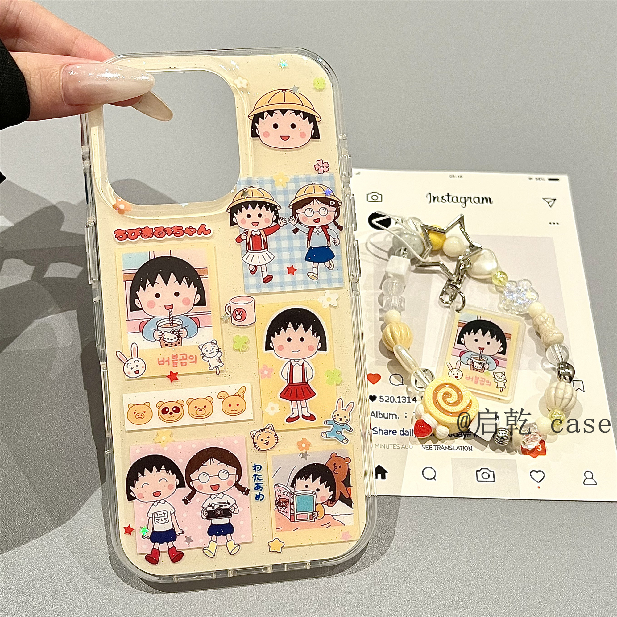 启乾 闪粉小丸子插画腕带iPhone16/15手机壳适用苹果14/13promax硬壳12手提链条挂绳少女心可爱卡通动漫新款