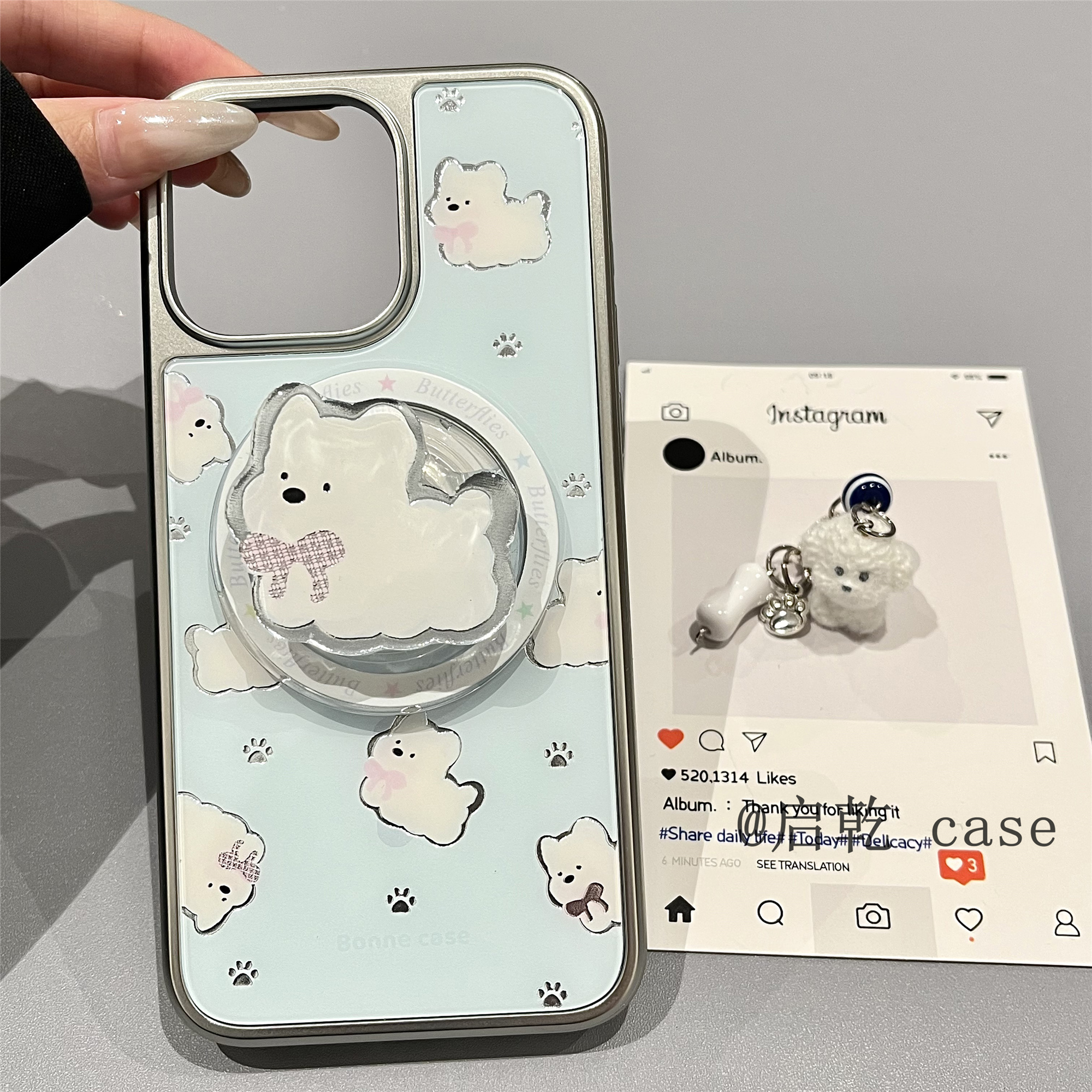 启乾 磁吸壳西高地带支架挂件iPhone16/15手机壳适用苹果14/13promax电镀硬壳12/11少女心蓝色可爱卡通新款