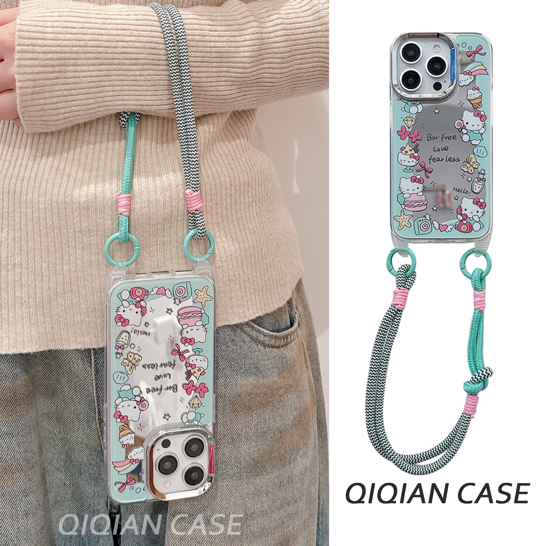 启乾 镜面凯蒂猫腕带iPhone16/15手机壳适用苹果14/13promax硬壳12/11链条挂绳小清新哈喽HelloKitty新款镜子