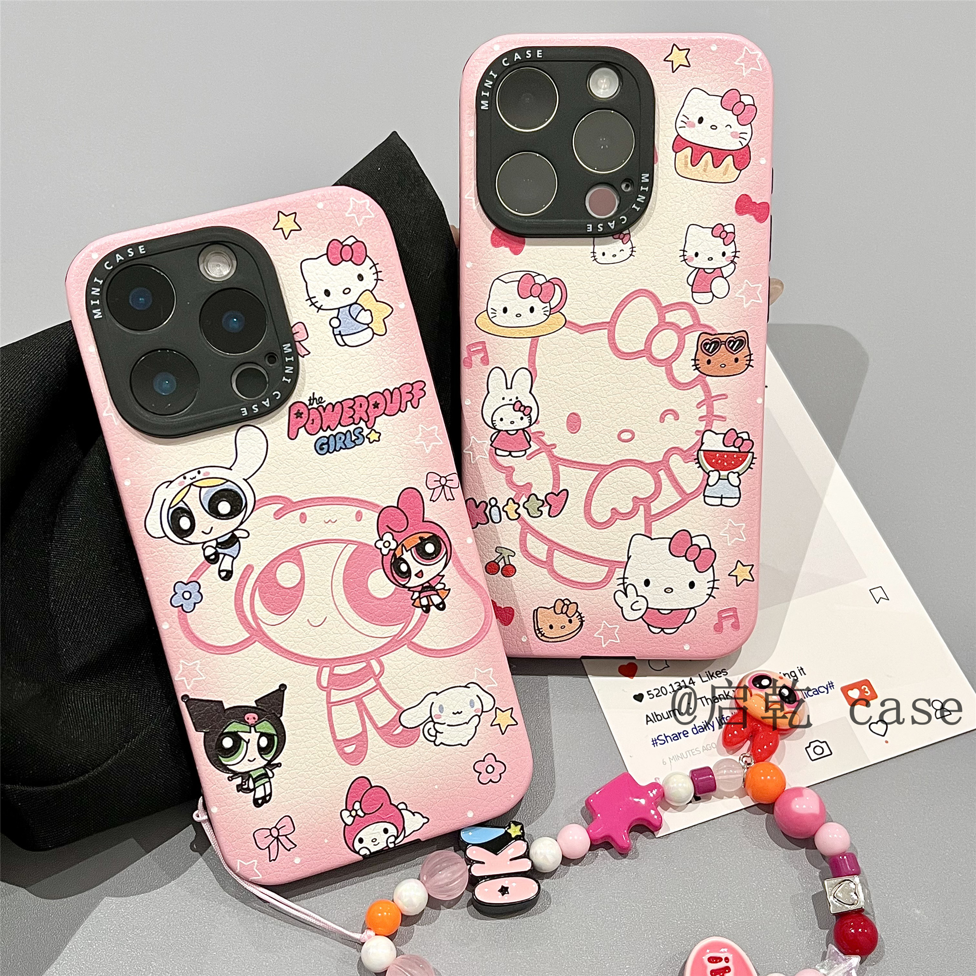 启乾 线条飞天小女警凯蒂猫iPhone16/15手机壳适用苹果14/13promax皮质软壳链条挂绳少女心粉色可爱卡通新款