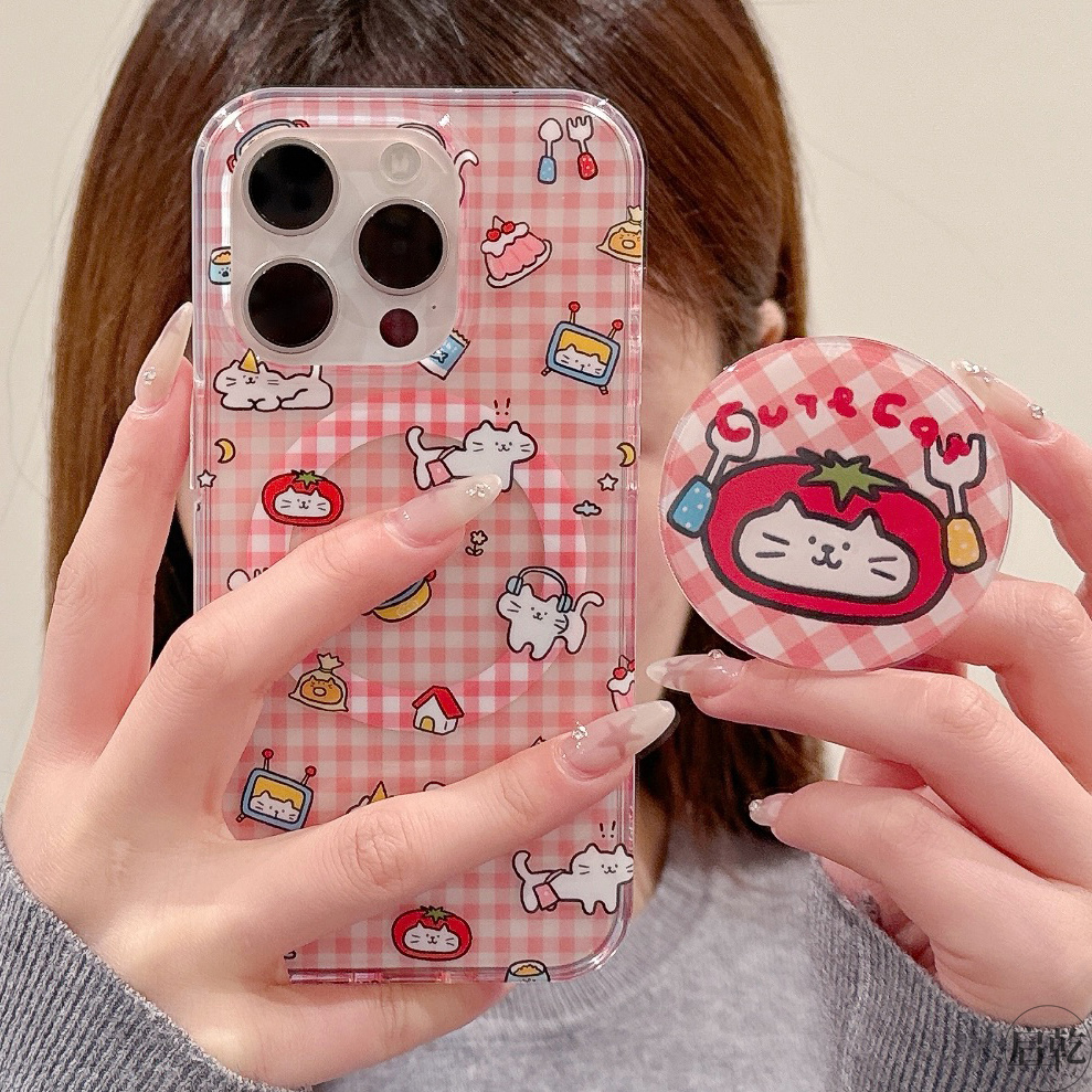 启乾 磁吸壳搞怪番茄猫咪带支架iPhone16/15手机壳适用苹果14/13promax双层硬壳少女心红色格纹可爱卡通新款