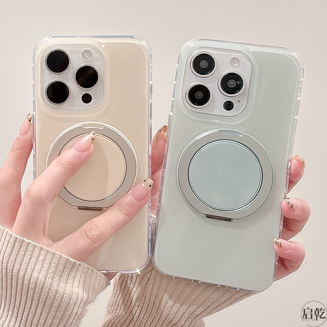启乾 简约磁吸带旋转支架iPhone16/15手机壳适用苹果14/13promax双层硬壳少女极简纯色小众日韩新款情侣防摔