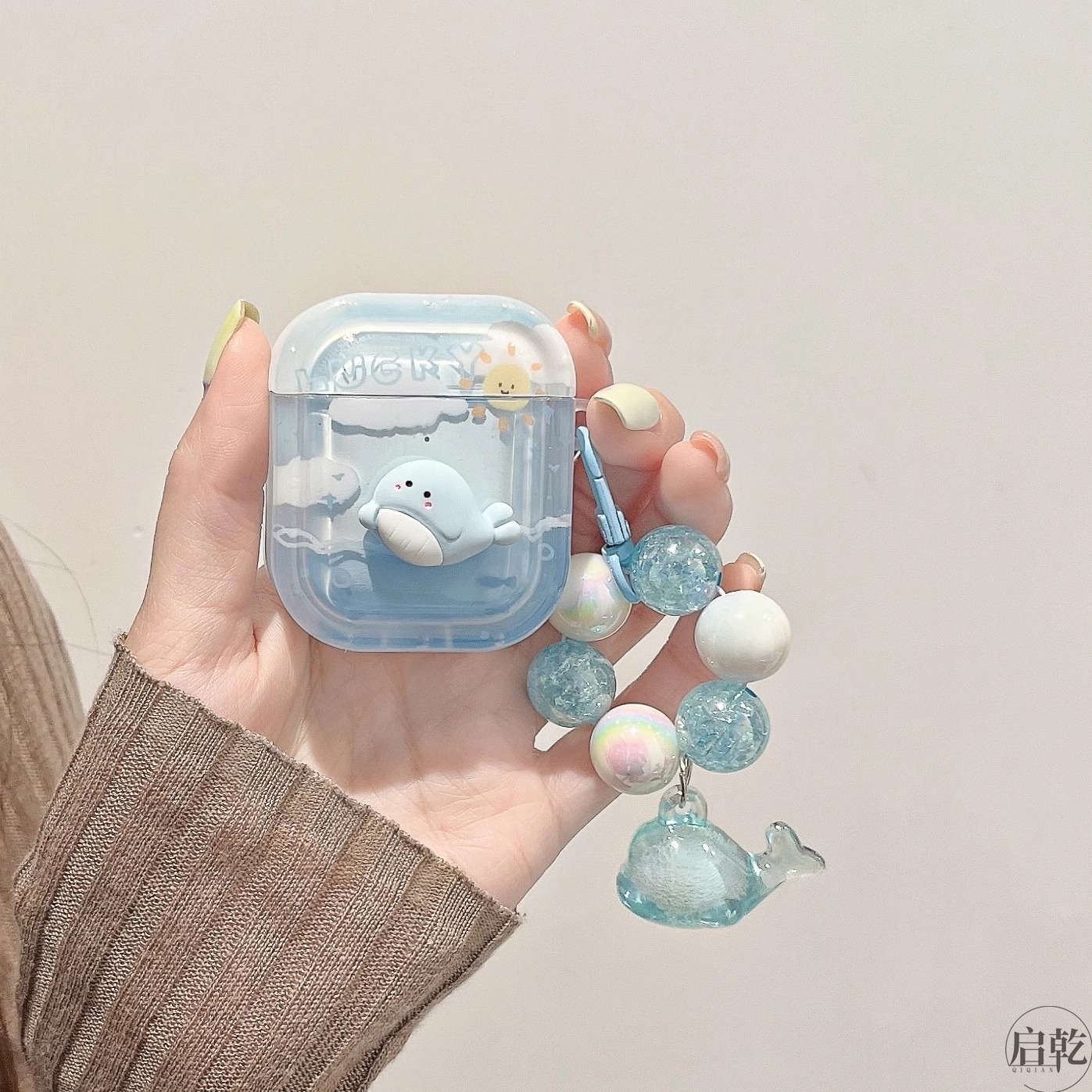 启乾 蓝色立体鲸鱼链条挂绳Airpods3耳机保护壳套2pro二三代新款适用苹果无线蓝牙透明硅胶软壳可爱卡通夏天