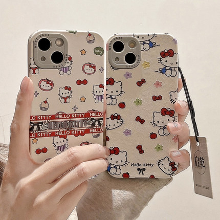 启乾 碎花凯蒂猫iPhone16/15/14手机壳适用苹果13/12promax皮质软壳11少女心可爱卡通少女哈喽HelloKitty新款