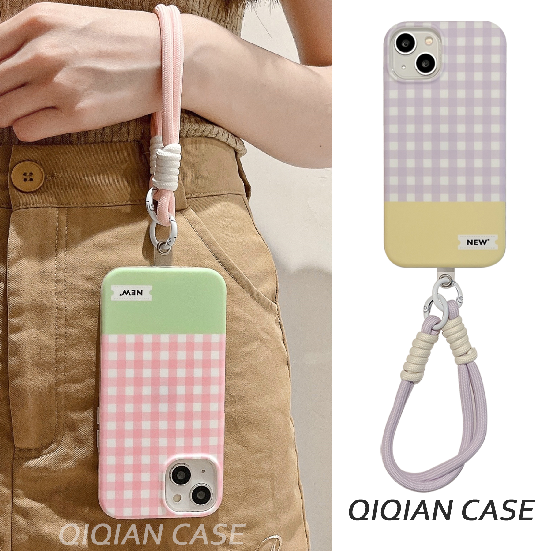 启乾 粉色格纹腕带iPhone15手机壳适用苹果14/13promax硬壳12双层手提链条挂绳少女心紫色小众韩风新款闺蜜