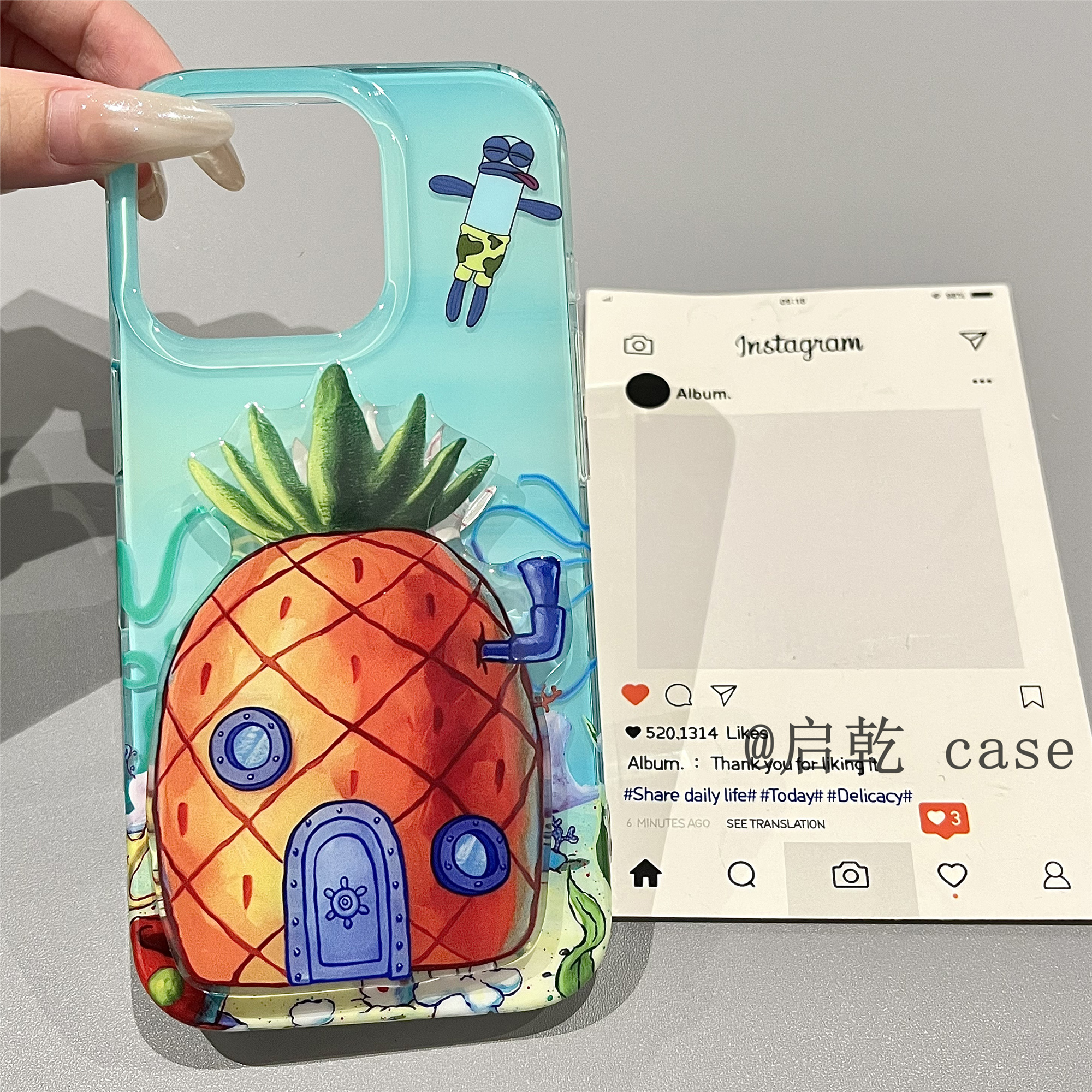 启乾 比奇堡菠萝屋翻盖镜面支架iPhone16/15手机壳适用苹果14promax双层硬壳少女心海绵宝宝可爱卡通新款镜子