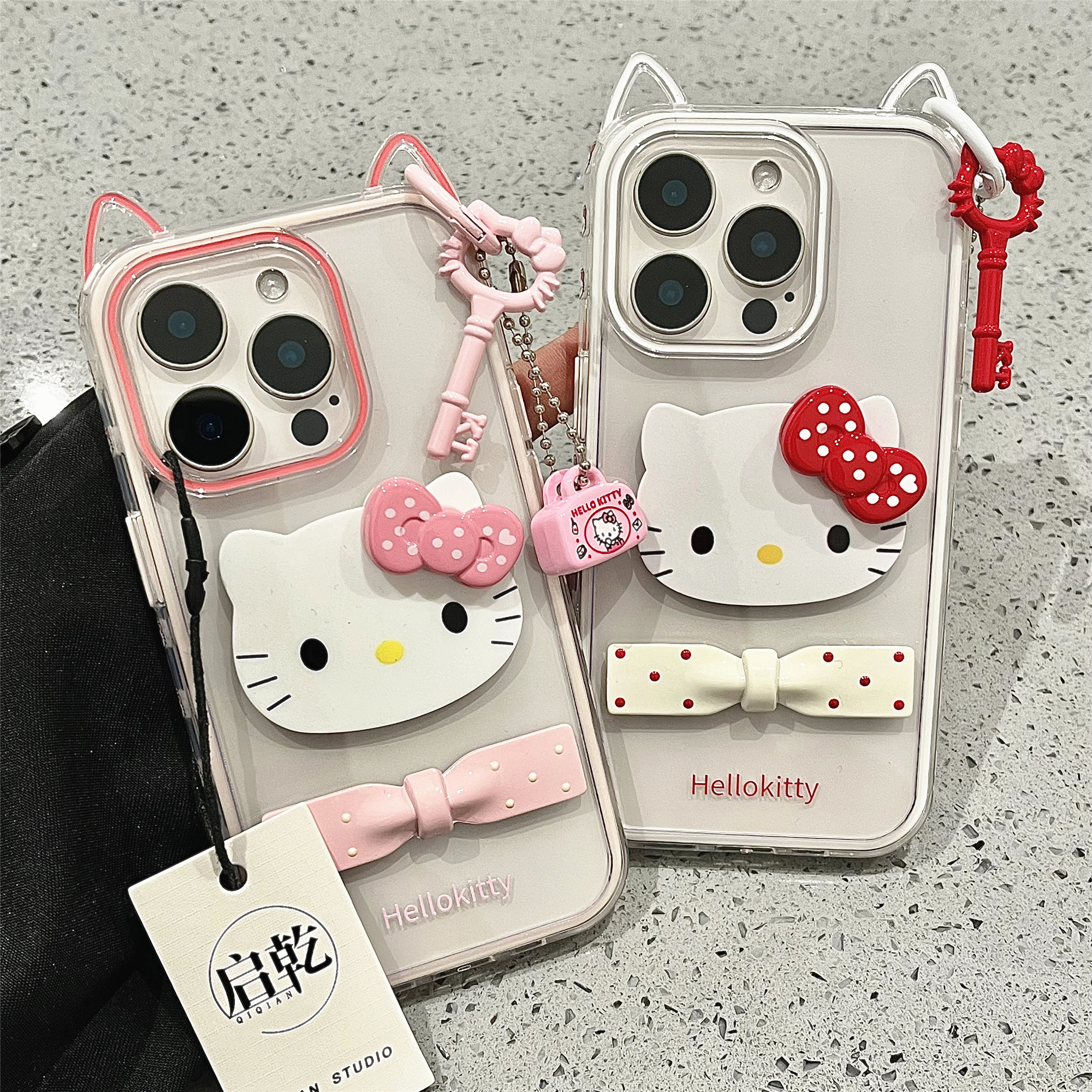 启乾 立体猫耳朵凯蒂猫挂件iPhone16/15手机壳适用苹果14/13promax二合一硬壳少女心可爱哈喽HelloKitty新款