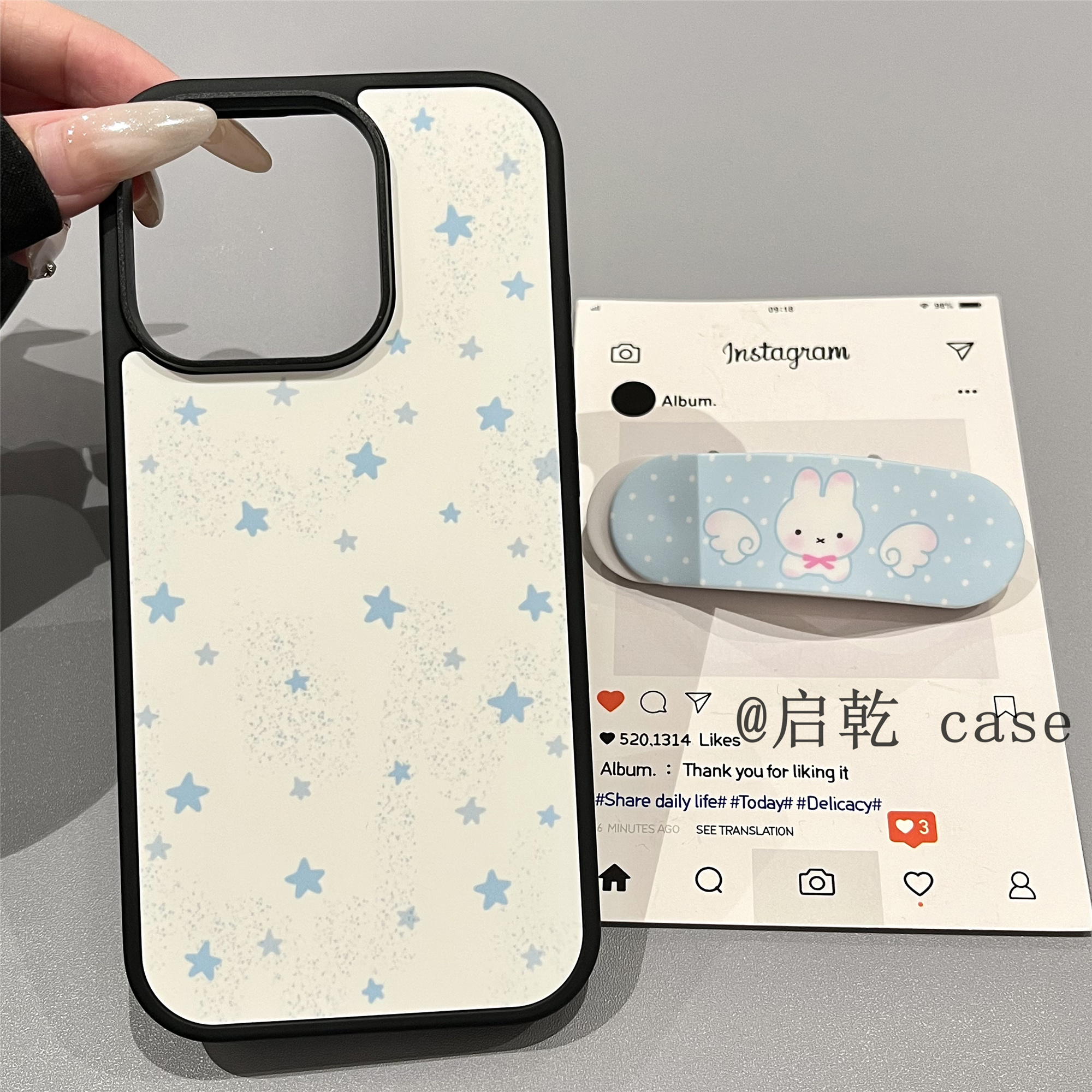 启乾 蓝色泼墨星星兔子创可贴支架iPhone16/15手机壳适用苹果14/13promax菲林硬壳少女心可爱卡通ins风新款