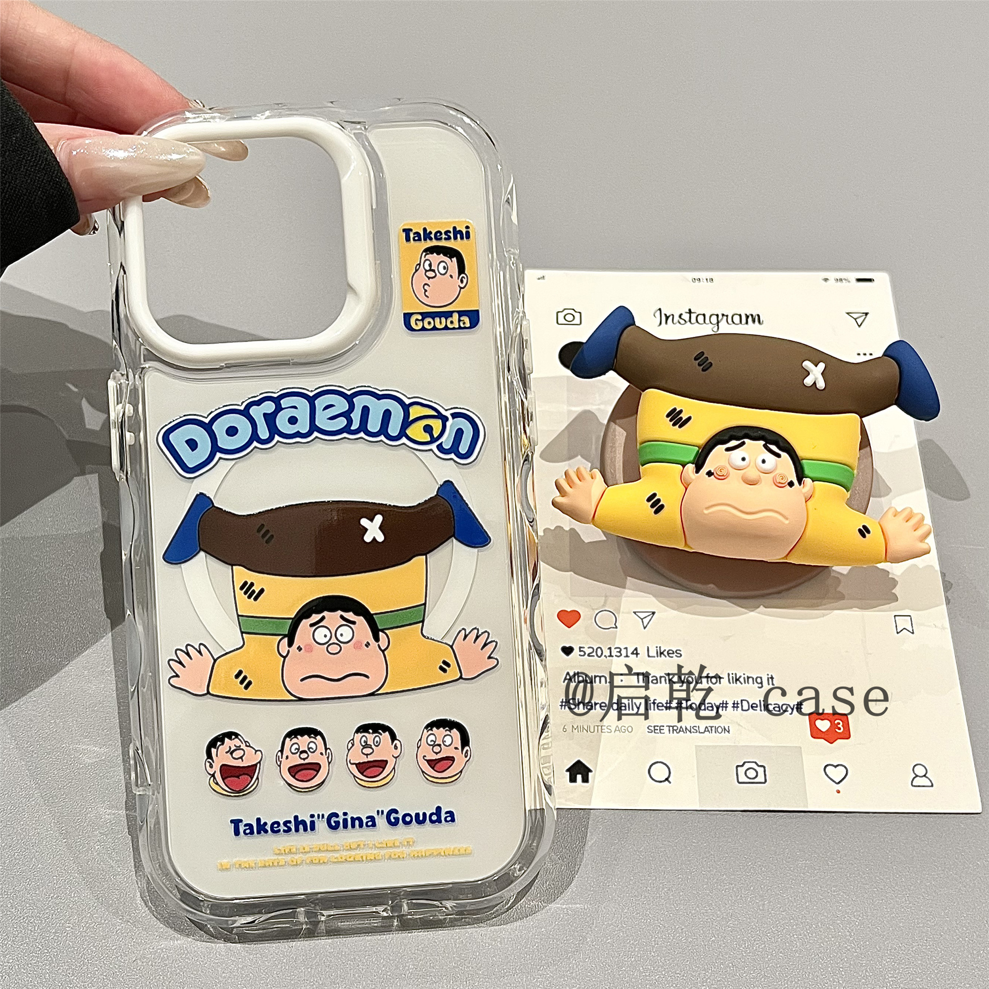 启乾 磁吸壳摔倒胖虎带支架iPhone16/15手机壳适用苹果14promax硬壳少女心搞怪可爱卡通日系动漫趣味创意新款