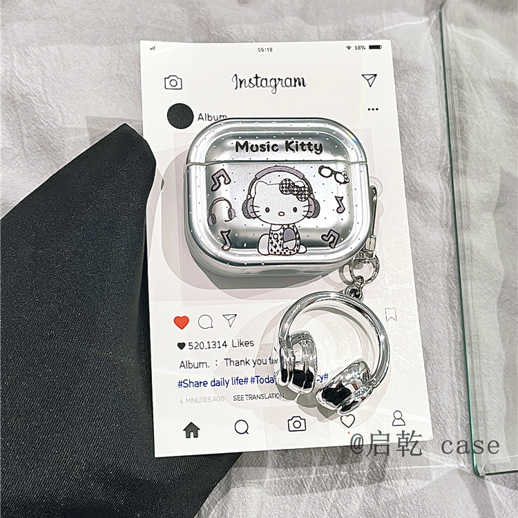 启乾 电镀银色凯蒂猫挂件Airpods4/3耳机保护壳套2pro二三代新款适用苹果无线蓝牙软壳可爱哈喽HelloKitty女