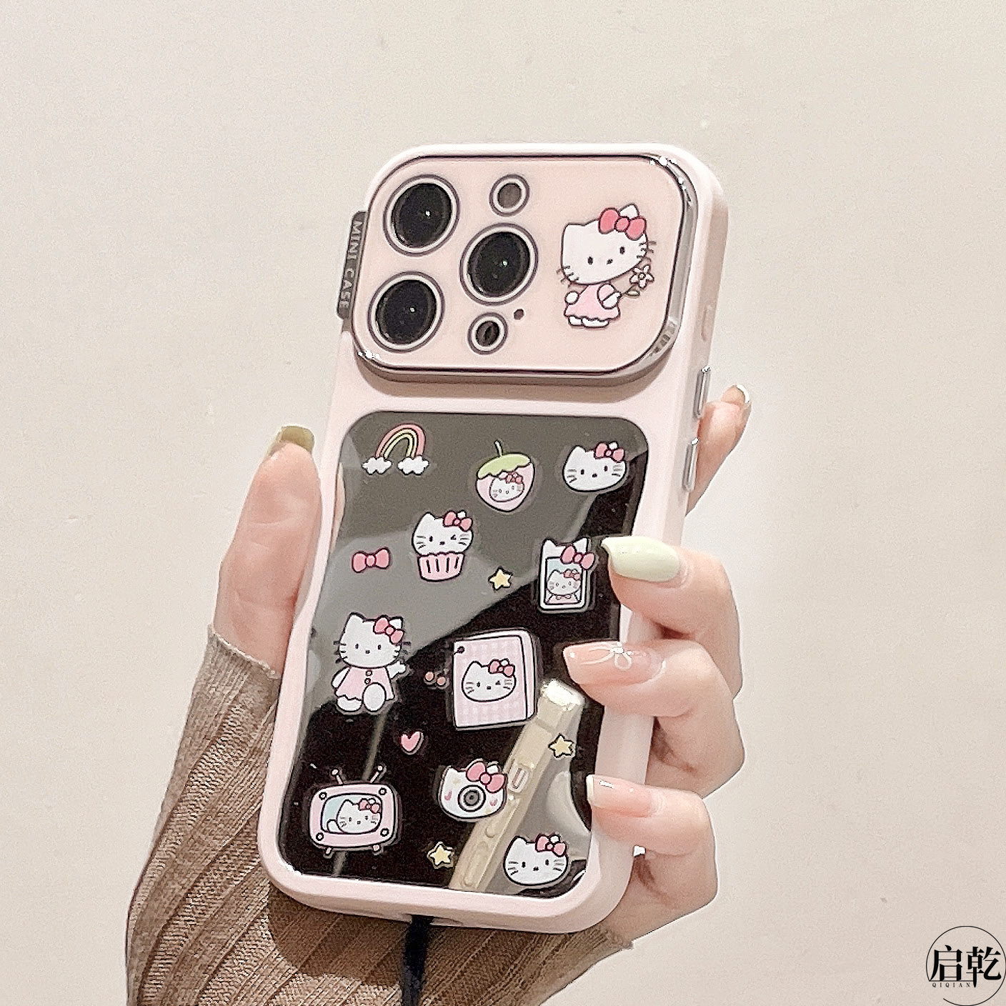 启乾 镜面涂鸦凯蒂猫iPhone15手机壳适用苹果14/13promax软壳12手提11链条挂绳少女心粉色哈喽HelloKitty新款