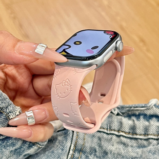 10苹果Applewatch9手表表带SE8粉色猫咪7可爱卡通硅胶透气6运动5 3可爱哈喽女ins 适用iwatchs11 少女心新款