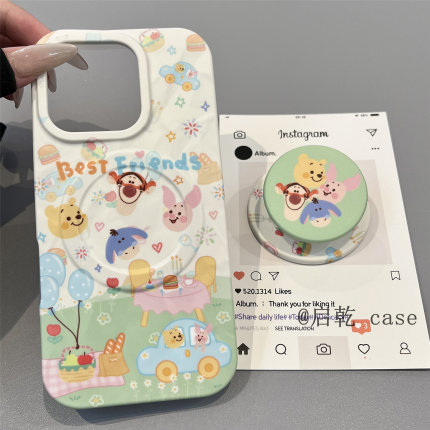 启乾 磁吸壳小熊维尼带支架iPhone16/15手机壳适用苹果14/13promax菲林硬壳12二合一少女心涂鸦可爱卡通新款