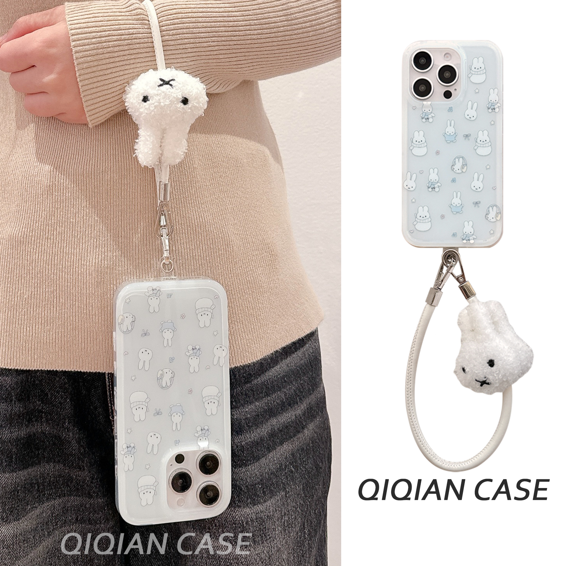 启乾 蓝色雪人兔子腕带iPhone16/15手机壳适用苹果14/13promax双层硬壳链条挂绳少女心可爱卡通小众新款秋冬