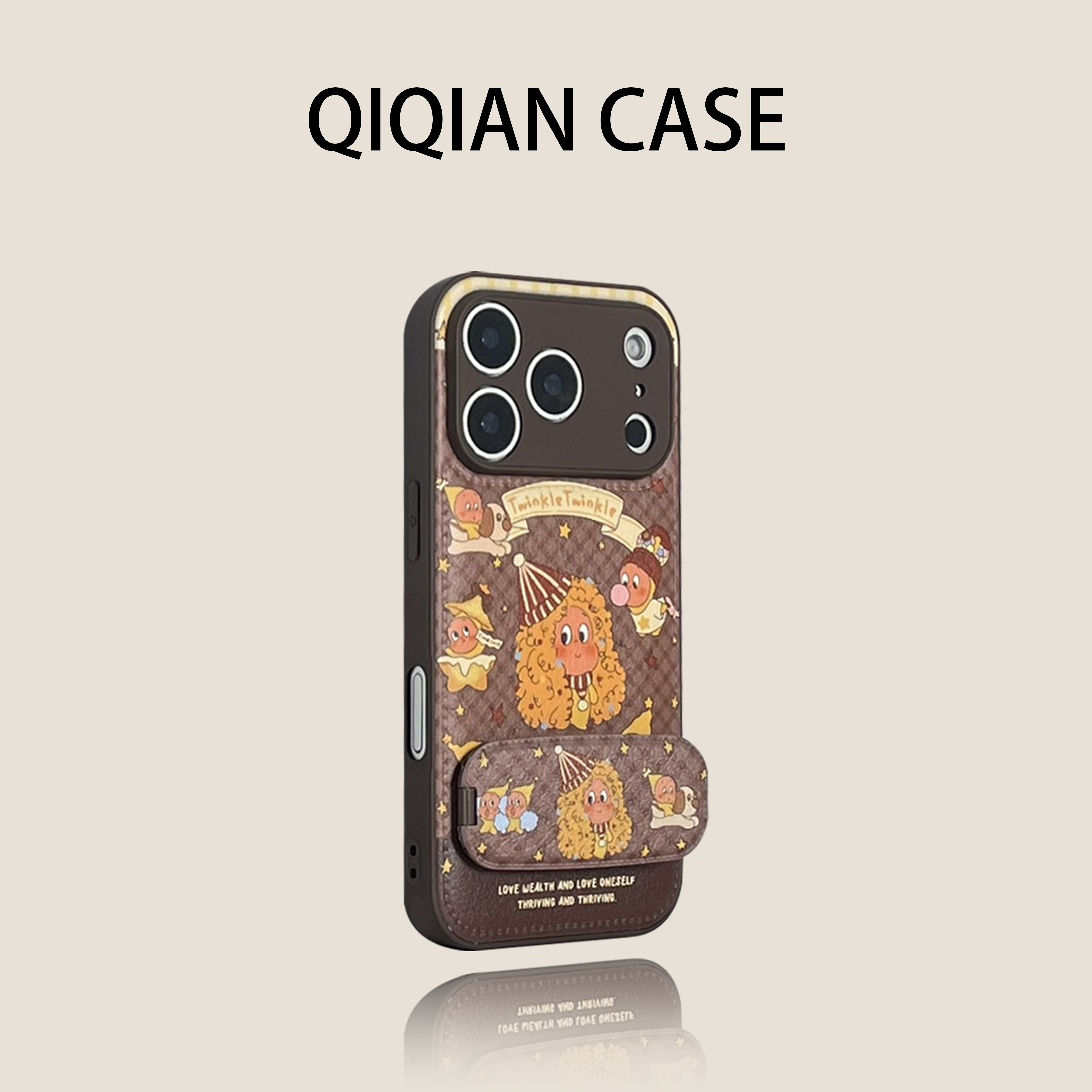 启乾 秋冬金框皮纹鼓包宫格拼接星星人带支架iPhone17/16