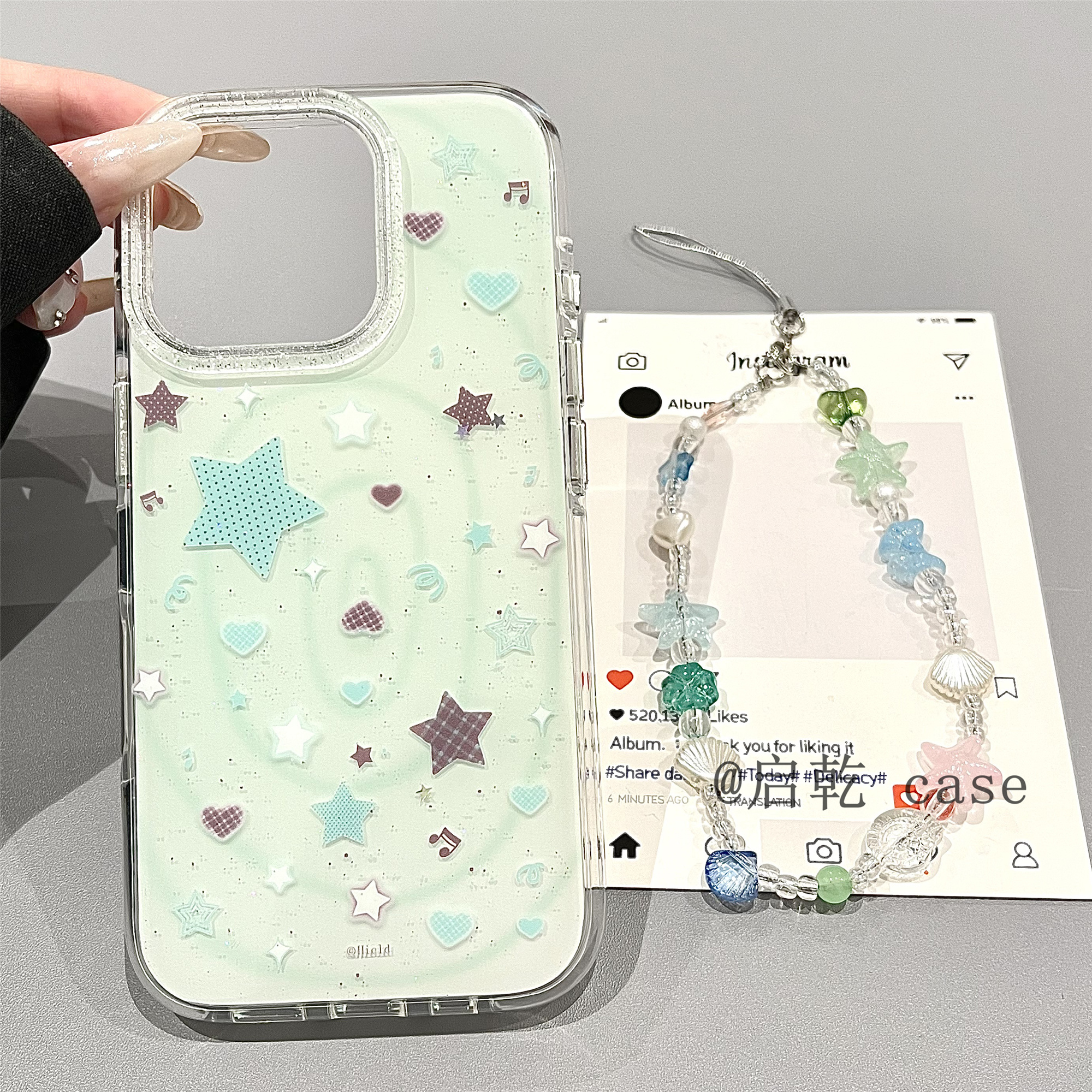 启乾 闪粉薄荷绿星星腕带iPhone16/15手机壳适用苹果14/13promax双层硬壳12链条挂绳小清新小众韩风新款夏天