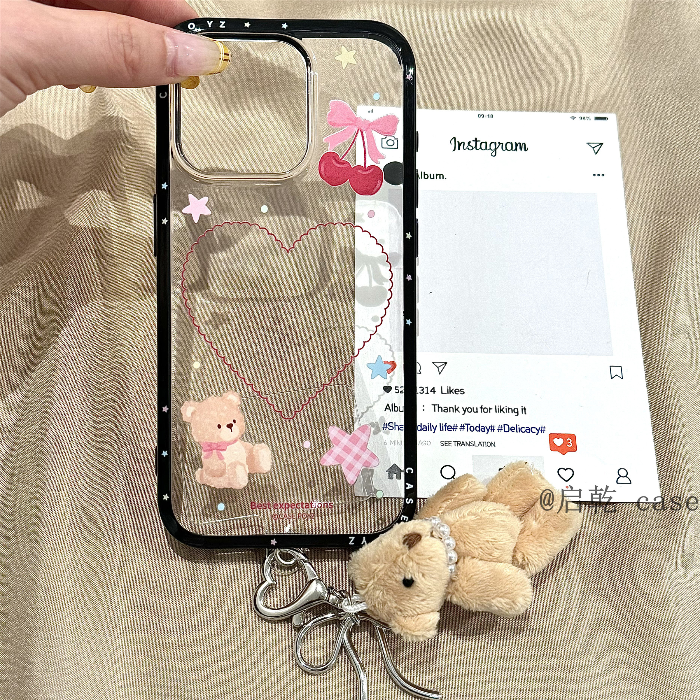 启乾 韩风星星爱心小熊挂件iPhone16/15手机壳适用苹果14/13promax透明硬壳少女心樱桃可爱卡通小众日韩新款