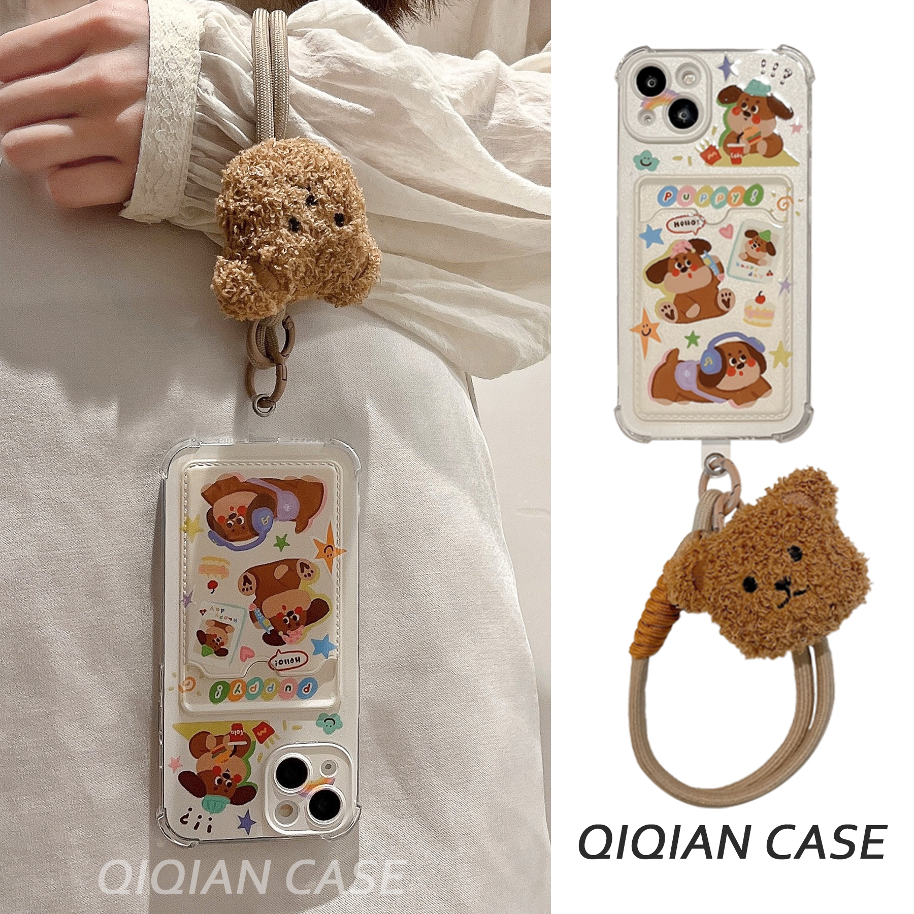 启乾 彩色涂鸦腊肠狗小熊腕带iPhone16/15手机壳适用苹果14/13promax卡包卡套插卡12软壳11链条挂绳可爱新款