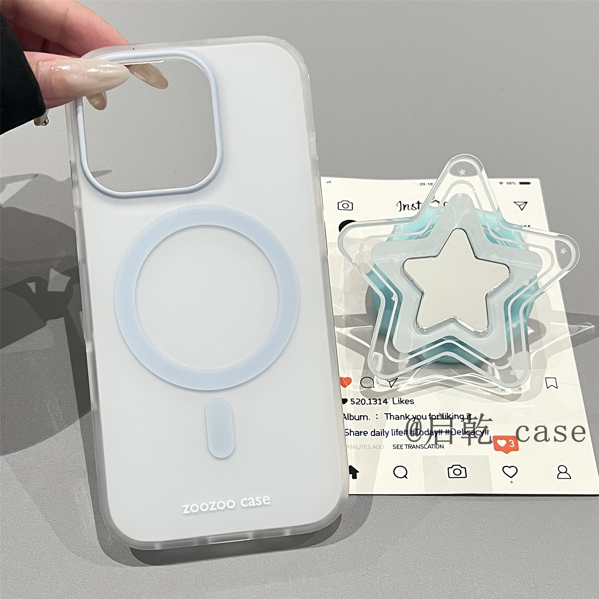 启乾 磁吸壳镜面蓝色星星带支架iPhone16/15手机壳适用苹果14/13promax双层硬壳12少女心简约日韩ins新款夏天