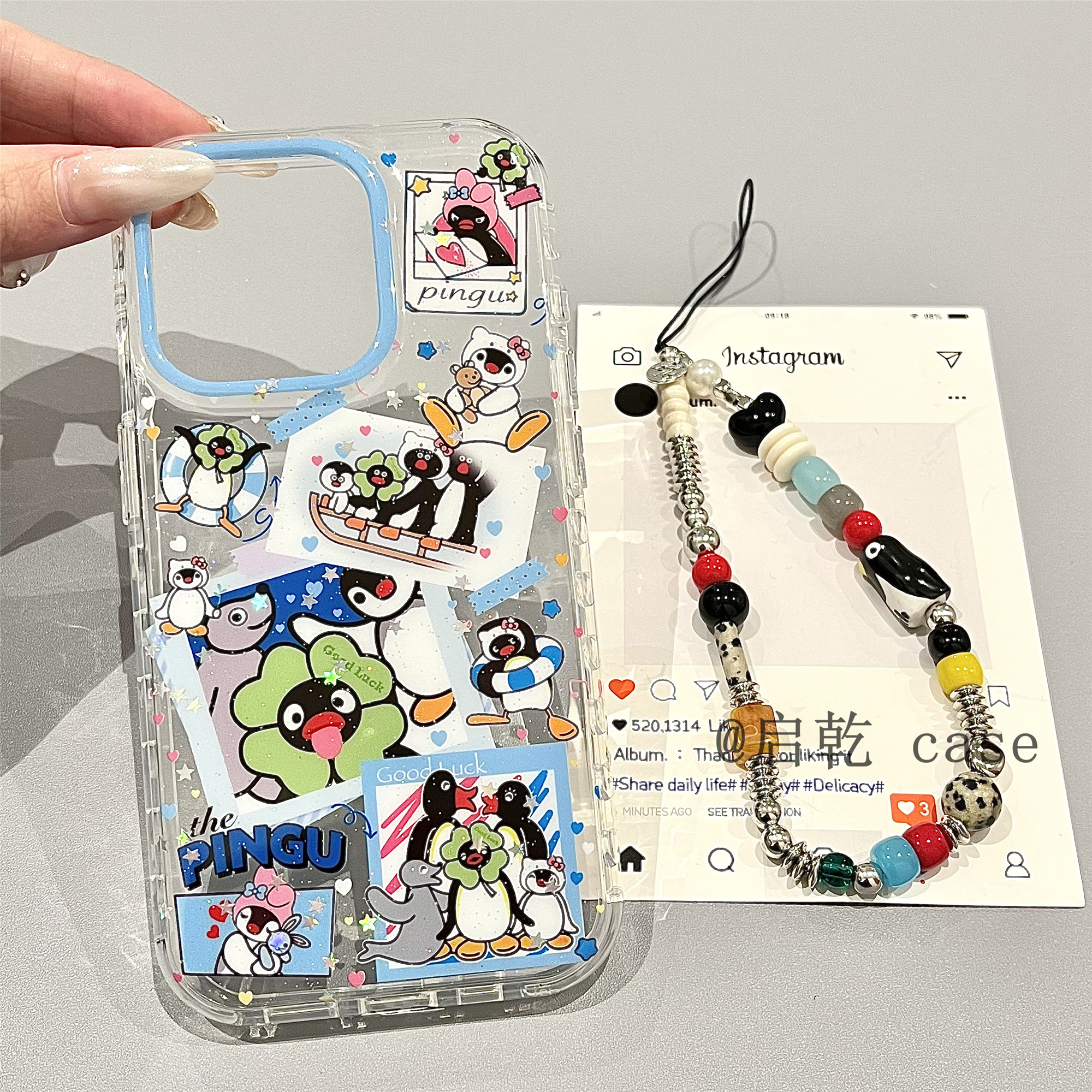 启乾 闪粉四叶草企鹅腕带iPhone16/15手机壳适用苹果14/13promax透明硬壳链条挂绳少女心可爱卡通ins新款夏天