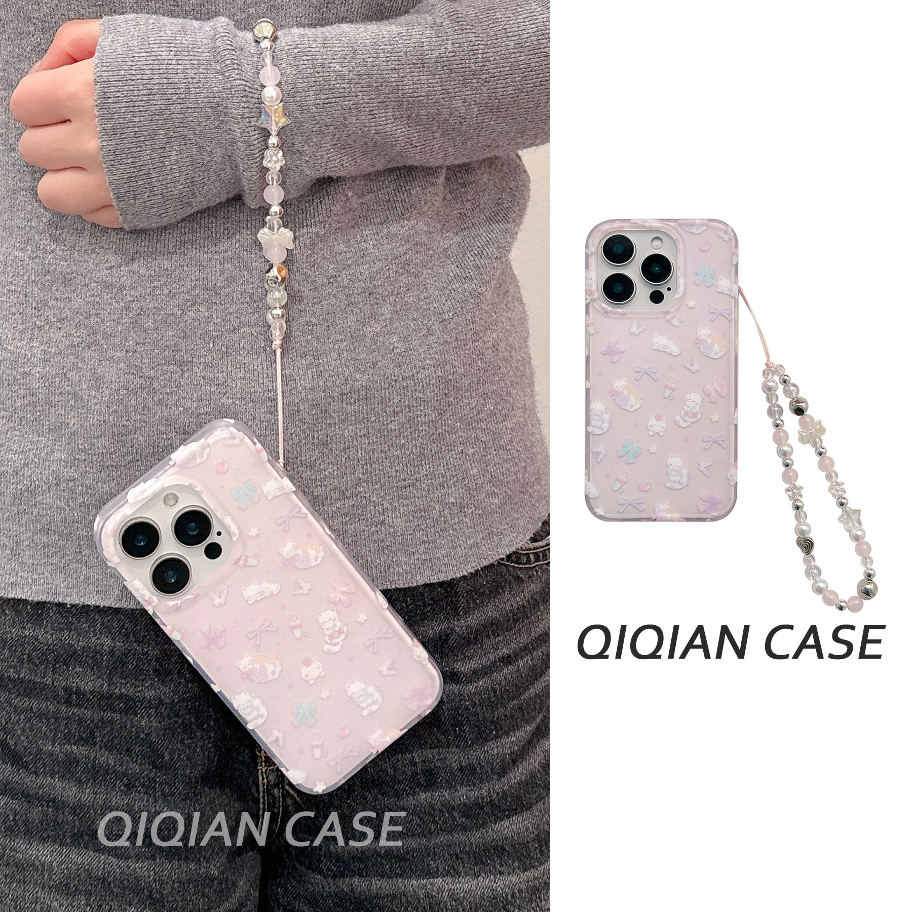 启乾 紫色蝴蝶星星猫咪腕带iPhone16/15手机壳适用苹果14/13promax双层硬壳手提链条挂绳少女心可爱卡通新款