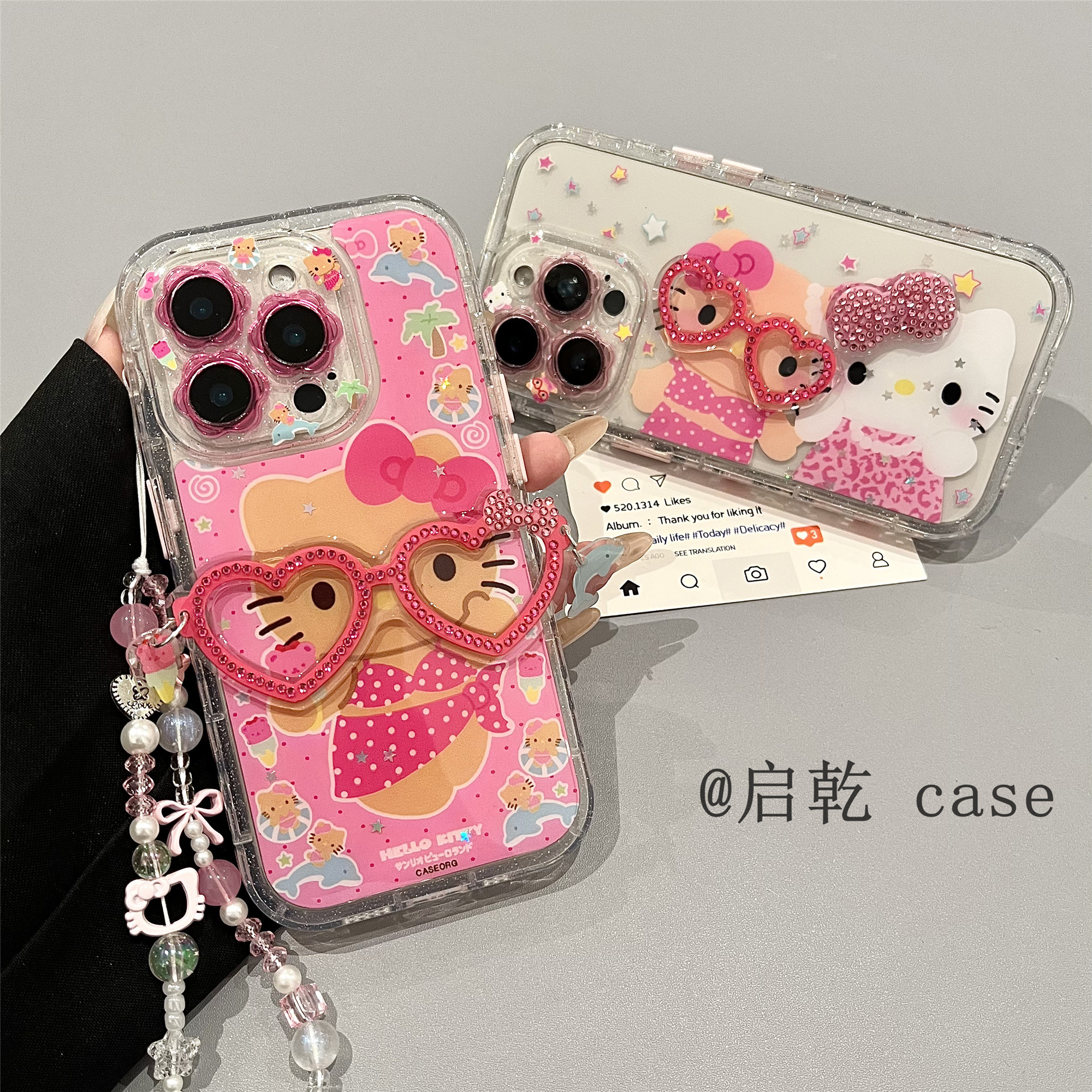 启乾 立体眼镜凯蒂猫腕带iPhone16/15手机壳适用苹果14/13promax硬壳链条挂绳少女心可爱哈喽HelloKitty新款