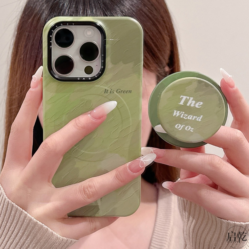 启乾 磁吸壳绿色油画带支架iPhone16/15手机壳适用苹果14/13promax菲林硬壳12少女心小清新日韩新款春天春日