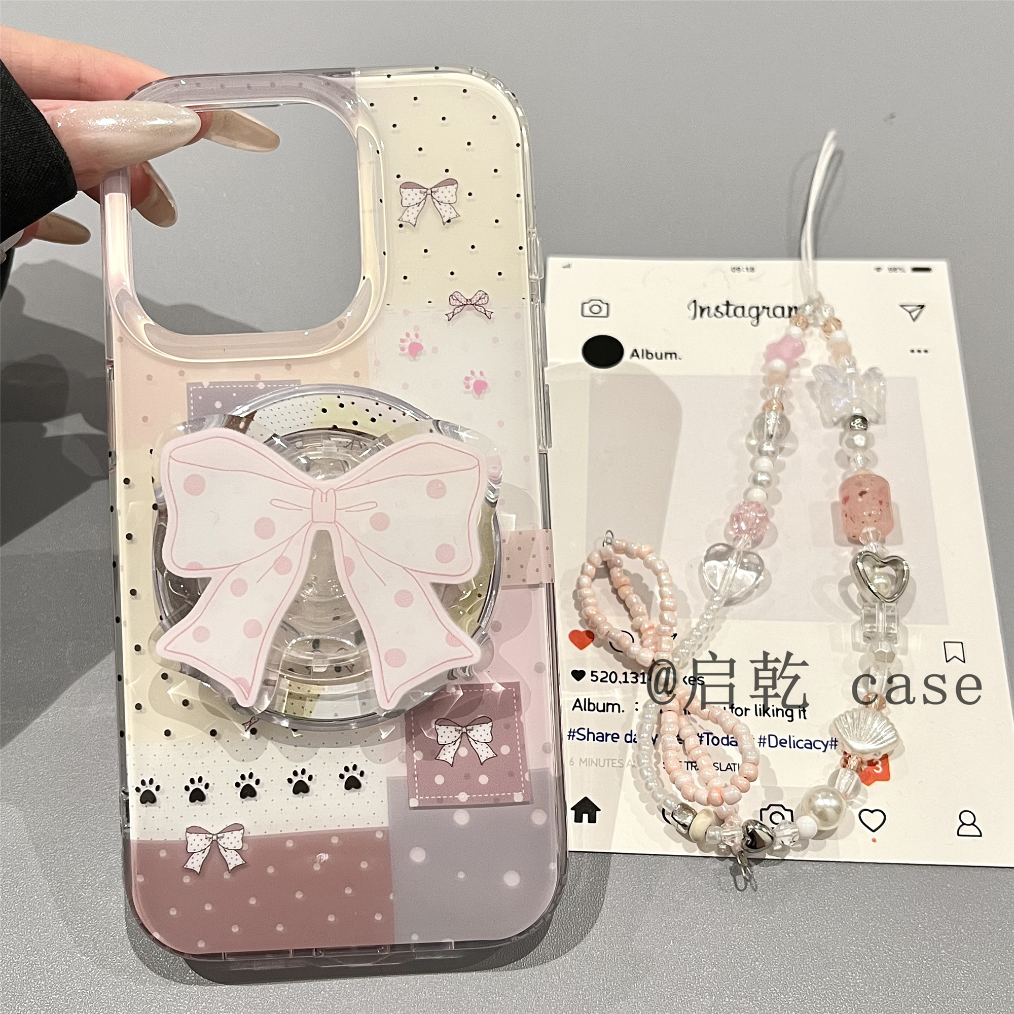 启乾 磁吸壳波点蝴蝶结带支架iPhone16/15手机壳适用苹果14/13promax双层硬壳链条挂绳少女心小众日韩ins新款