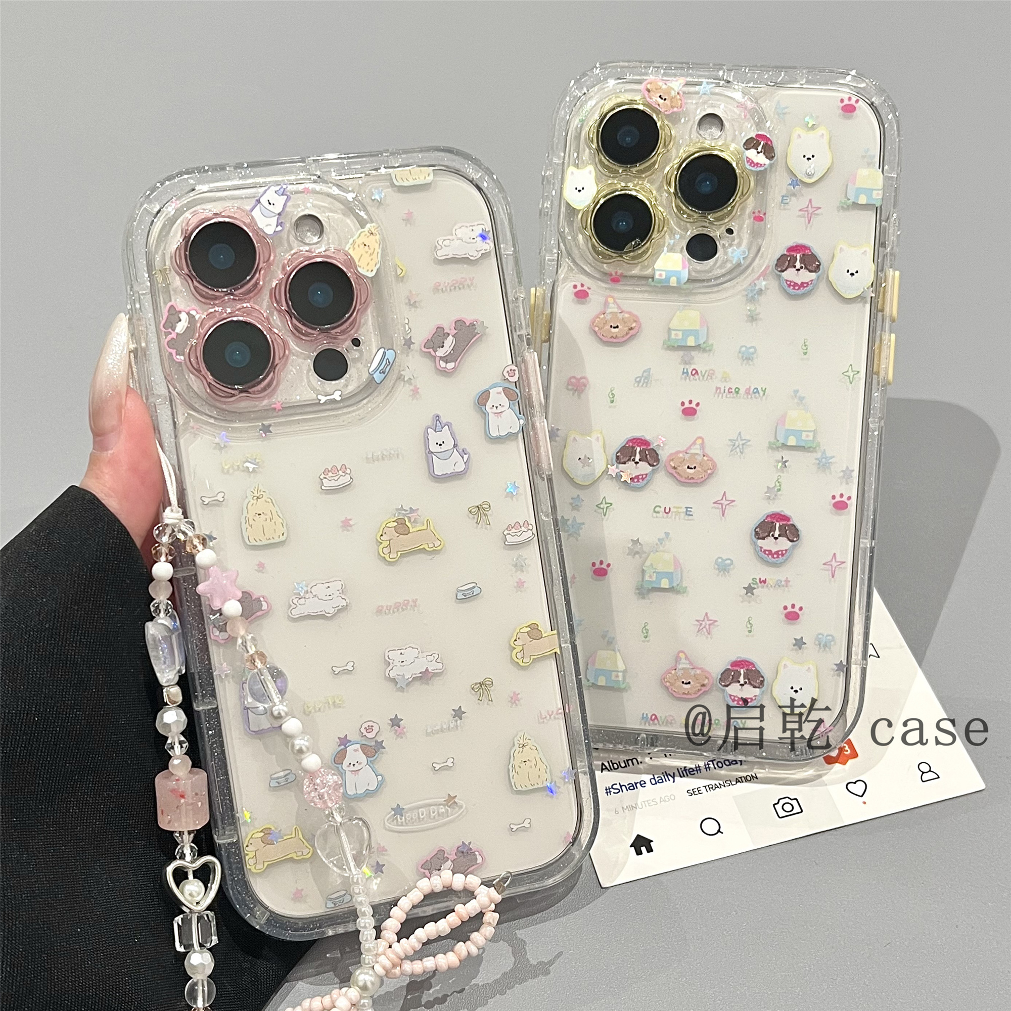 启乾 滴胶闪粉星星狗狗腕带iPhone16/15手机壳适用苹果14/13promax透明硬壳链条挂绳少女心可爱卡通新款全包