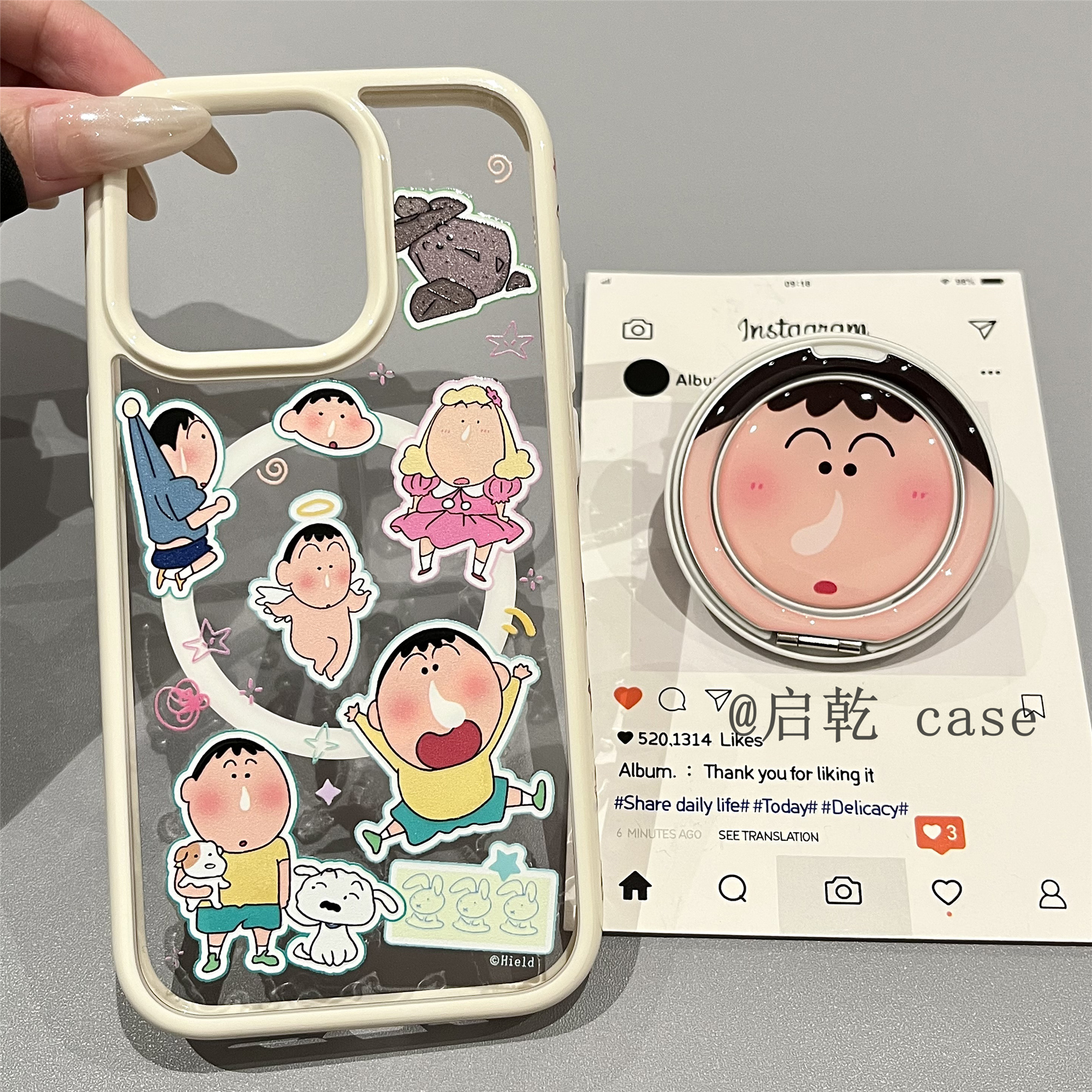 启乾 磁吸壳天使卡通360度旋转支架iPhone16/15手机壳适用苹果14/13promax透明硬壳少女心可爱动漫新款防摔