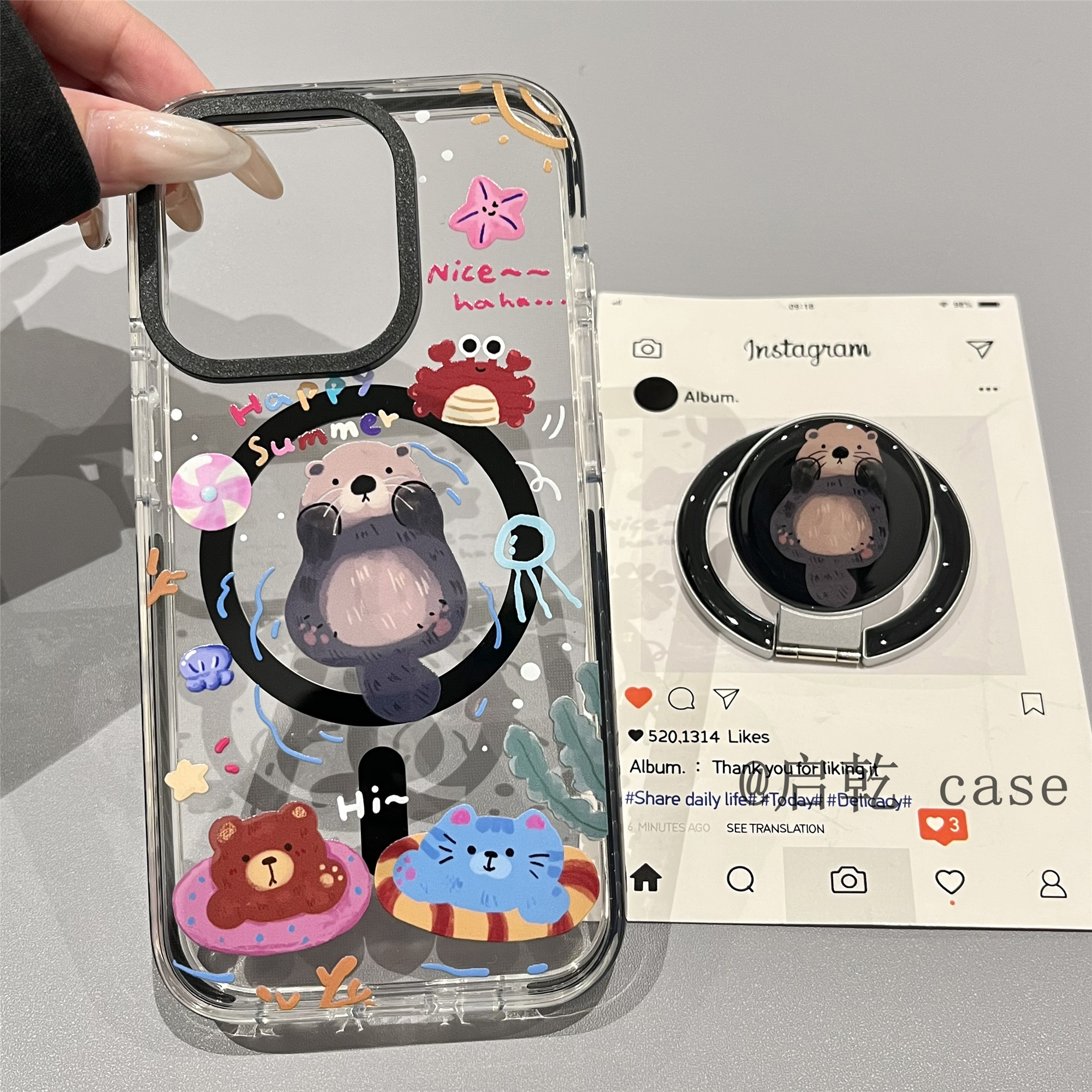 启乾 磁吸壳游泳水獭带折叠支架iPhone16/15手机壳适用苹果14/13promax透明硬壳少女心可爱卡通趣味新款夏天