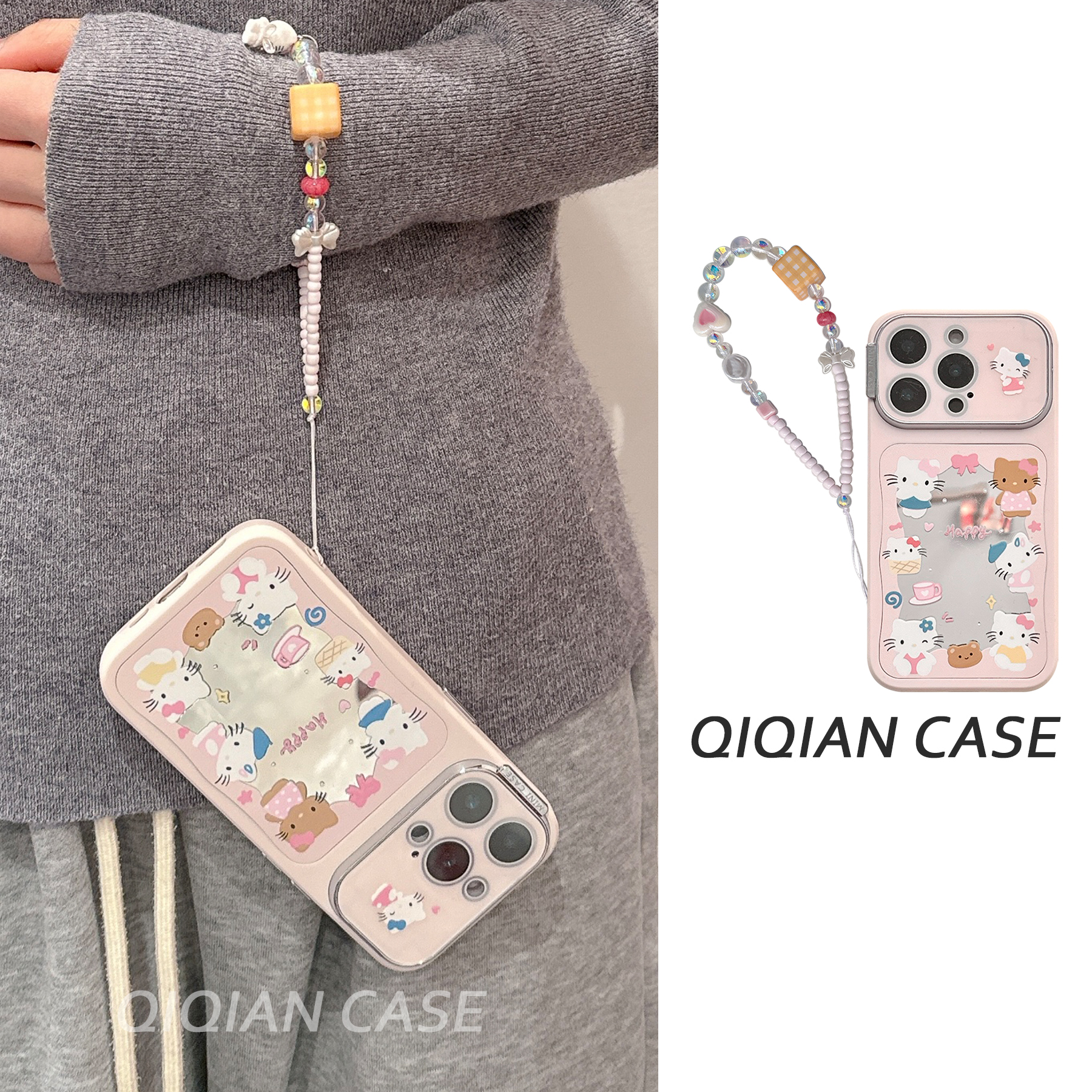 启乾 镜面小熊凯蒂猫腕带iPhone16/15手机壳适用苹果14/13promax自带镜头膜软壳链条挂绳哈喽HelloKitty新款