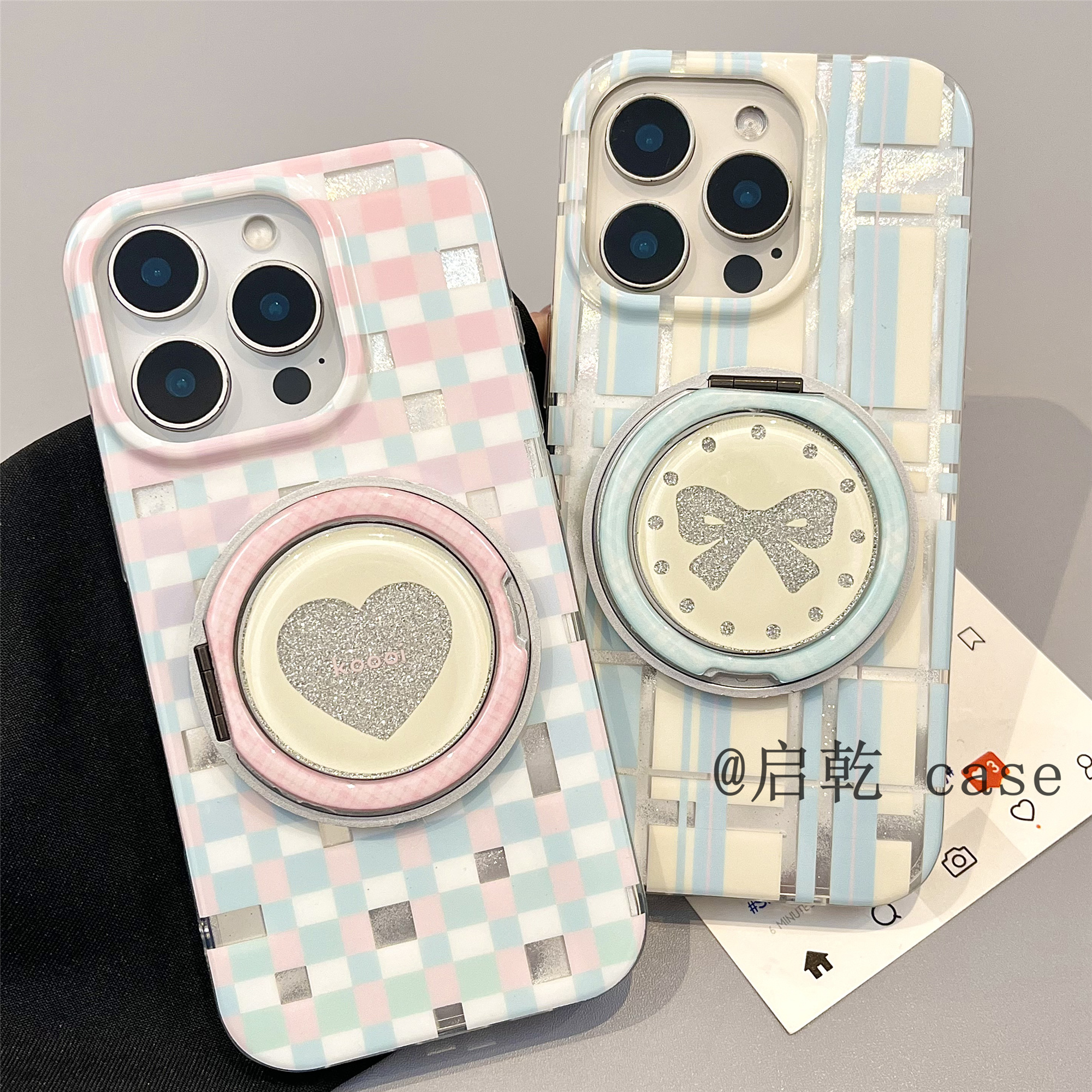 启乾 闪粉爱心蝴蝶结360度旋转支架iPhone16/15手机壳适用苹果14/13promax双层硬壳少女心格纹小众日韩风新款
