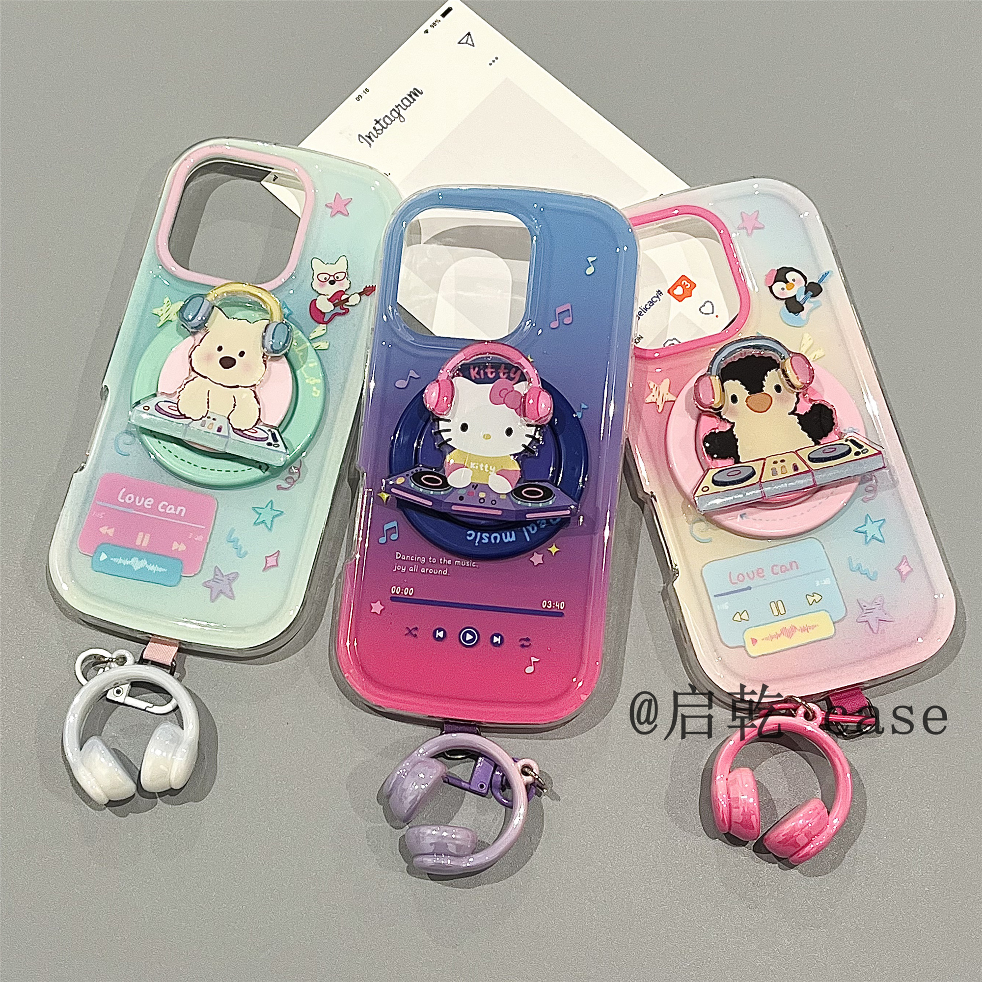 启乾 磁吸壳打碟凯蒂猫带支架挂件iPhone16/15手机壳适用苹果14/13promax硬壳12企鹅西高地可爱卡通新款情侣