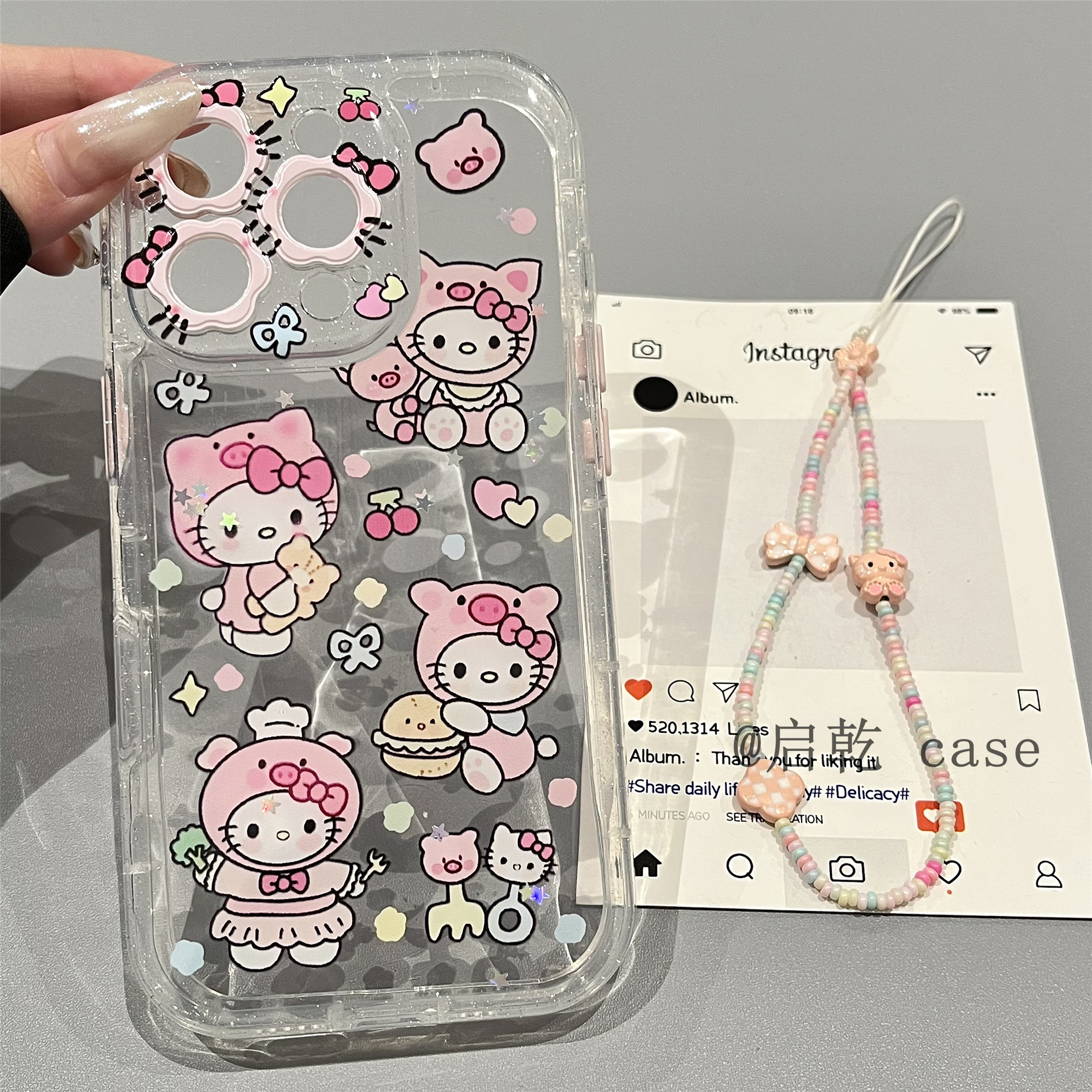 启乾 彩色波点小猪凯蒂猫腕带iPhone16/15手机壳适用苹果14/13promax透明硬壳链条挂绳哈喽HelloKitty新款女