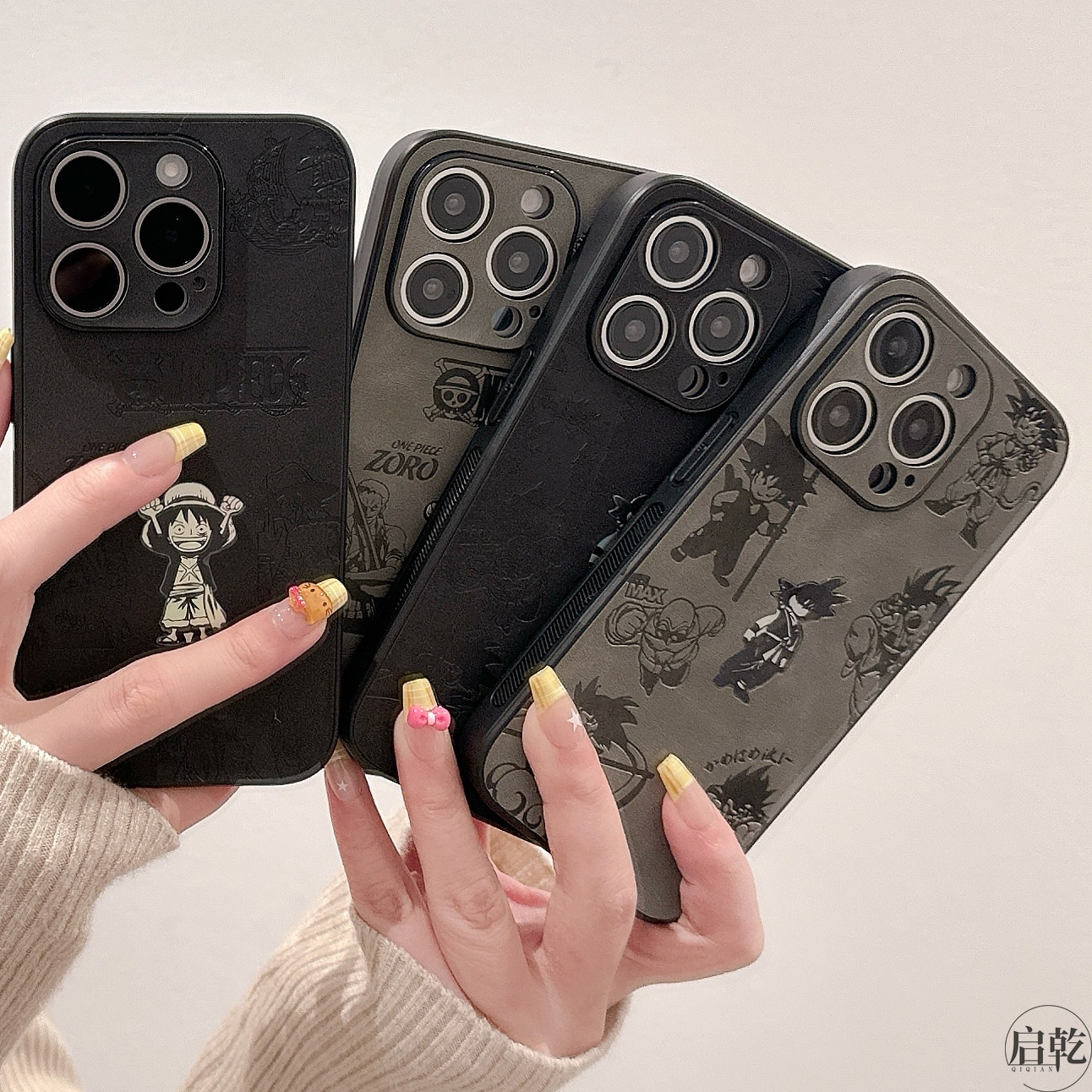 启乾 小羊皮镭射海贼王七龙珠iPhone16/15手机壳适用苹果14/13promax皮质硬壳12/11线条卡通动漫小众新款情侣