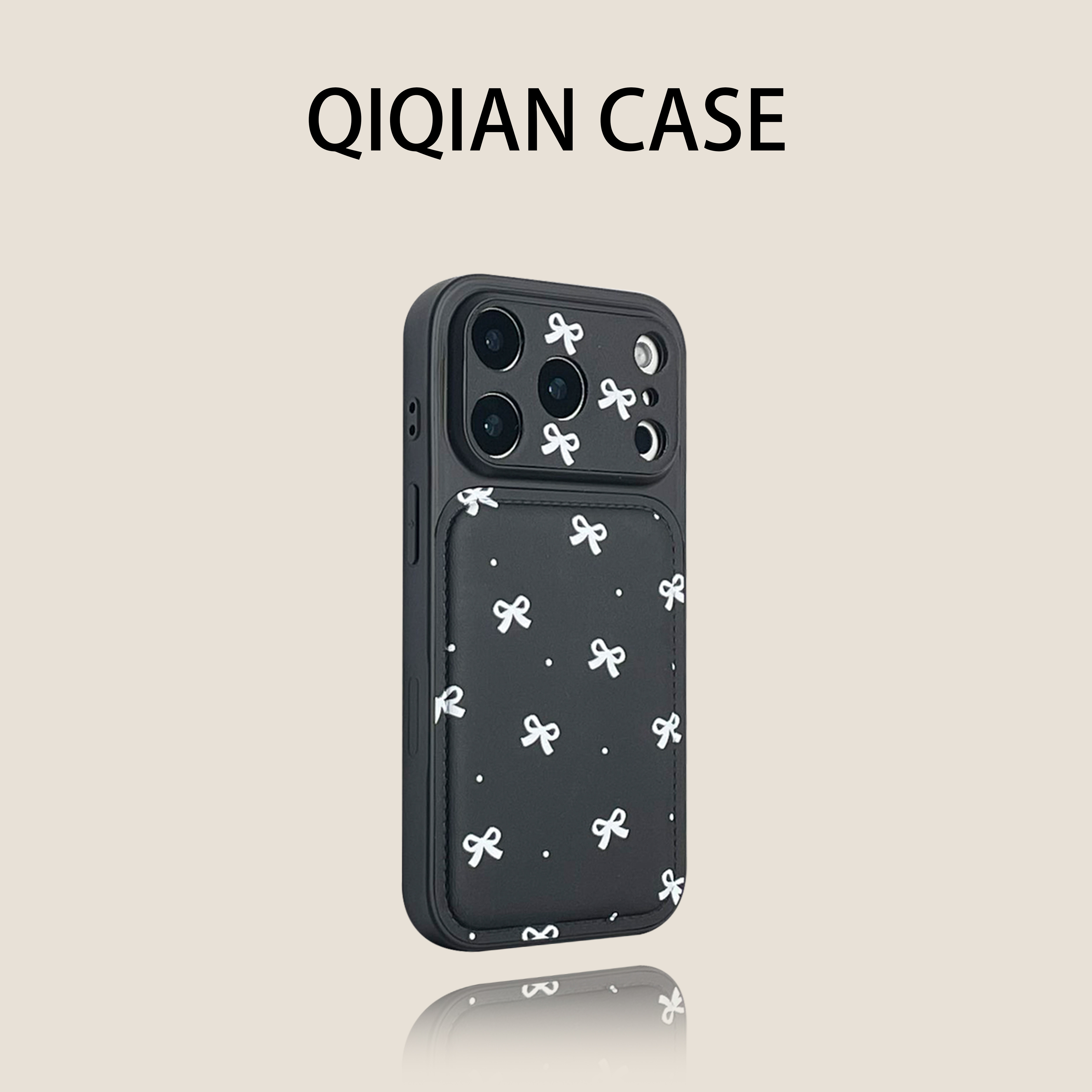 启乾 韩风新款鼓包皮质波点蝴蝶结极简黑iPhone17/16手机