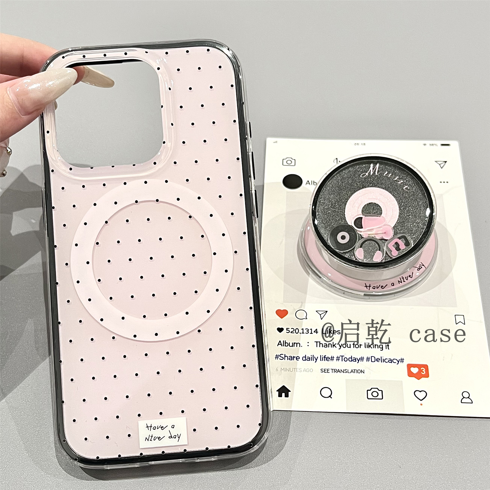 启乾 磁吸壳CD摇摇乐带支架iPhone16/15手机壳适用苹果14/13promax二合一硬壳少女心波点小众简约韩风ins新款