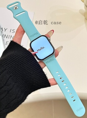 启乾 ins简约风Hello字母适用iwatchs10/9苹果Applewatch7手表表带SE8奶蓝色硅胶透气6运动5/4/3防摔小众新款