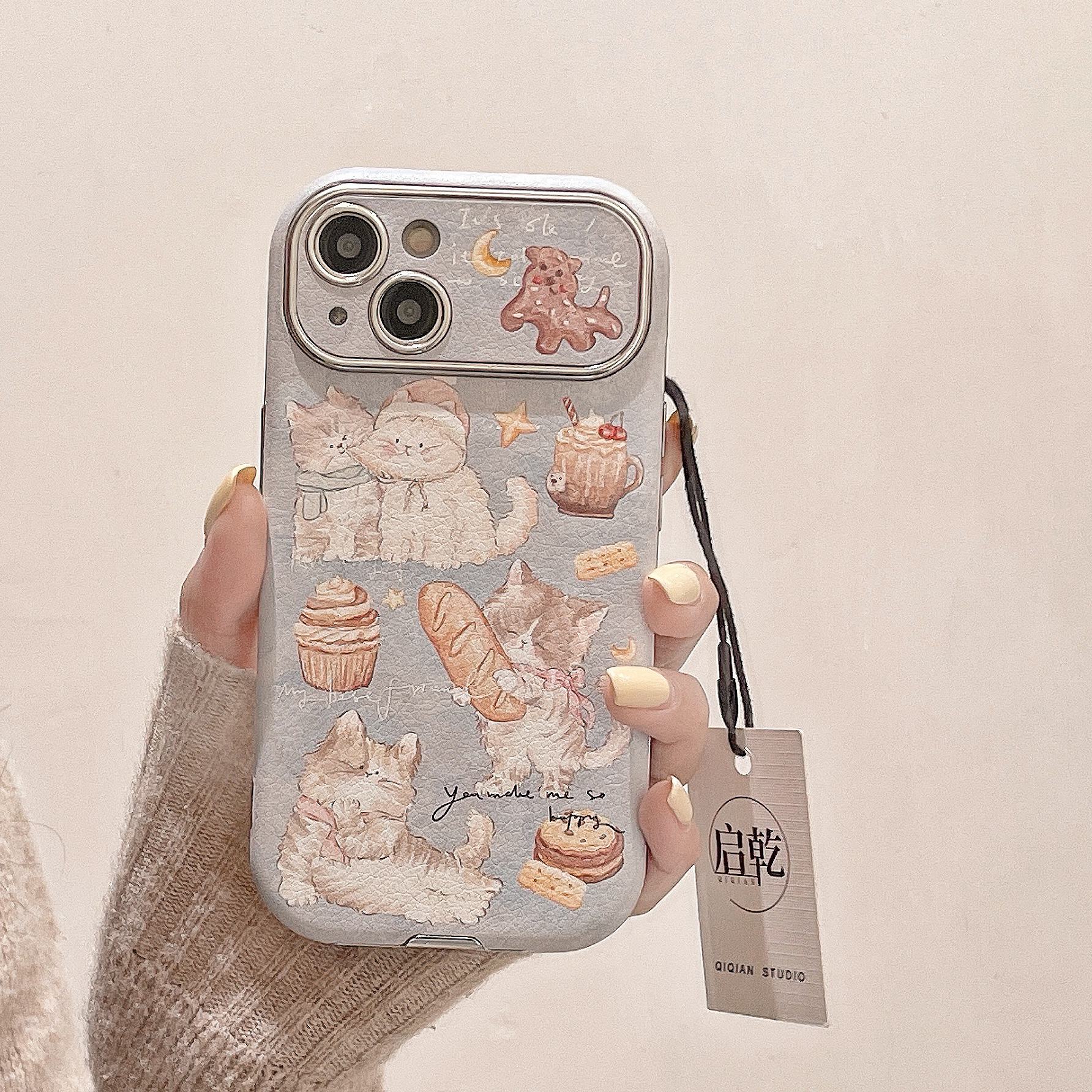 启乾 油画猫咪面包iPhone15手机壳适用苹果14/13promax皮质软壳12大视窗少女心可爱蓝色卡通小众新款秋冬全包