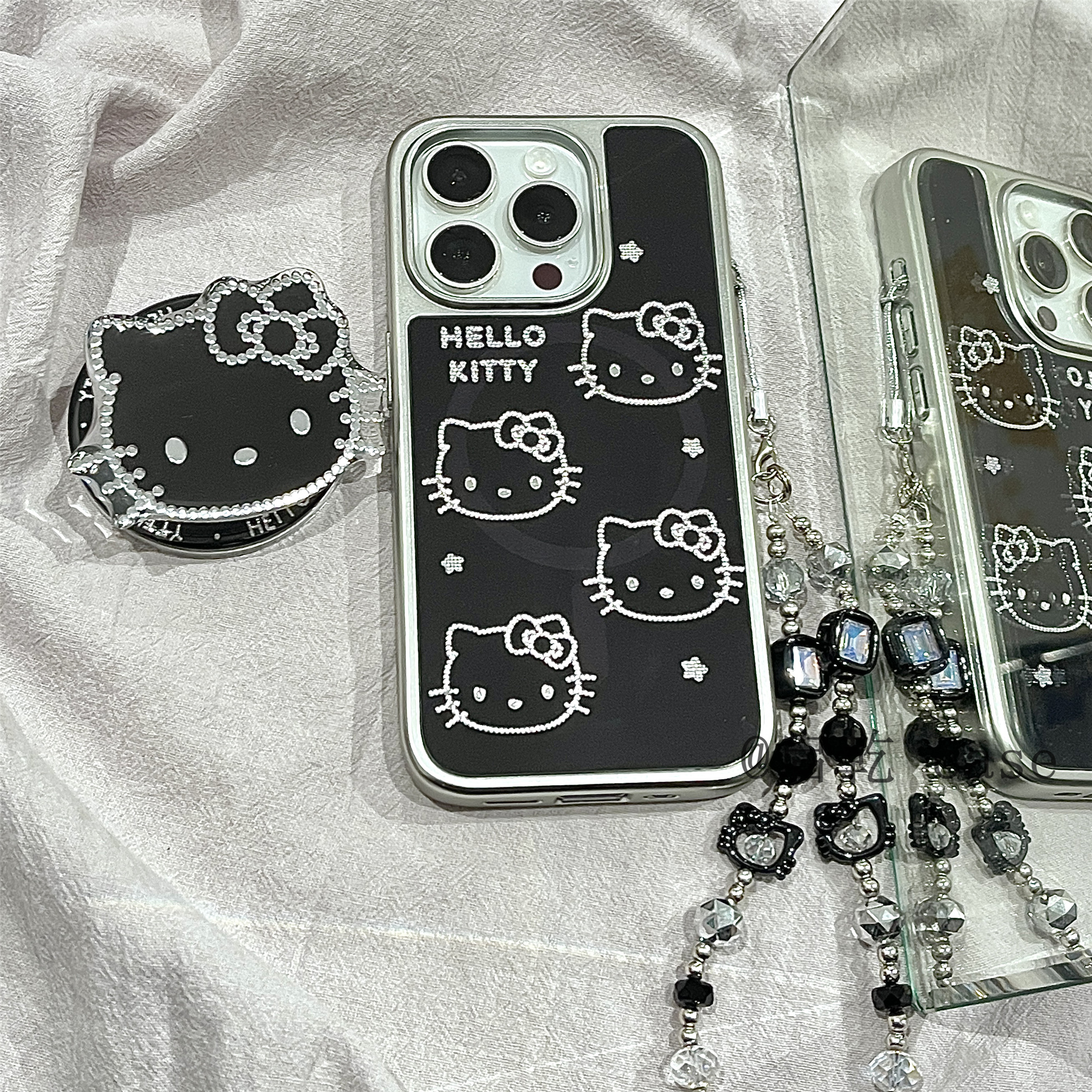 启乾 磁吸星星凯蒂猫带支架iPhone16/15手机壳适用苹果14/13promax硬壳12/11链条挂绳黑色哈喽HelloKitty新款
