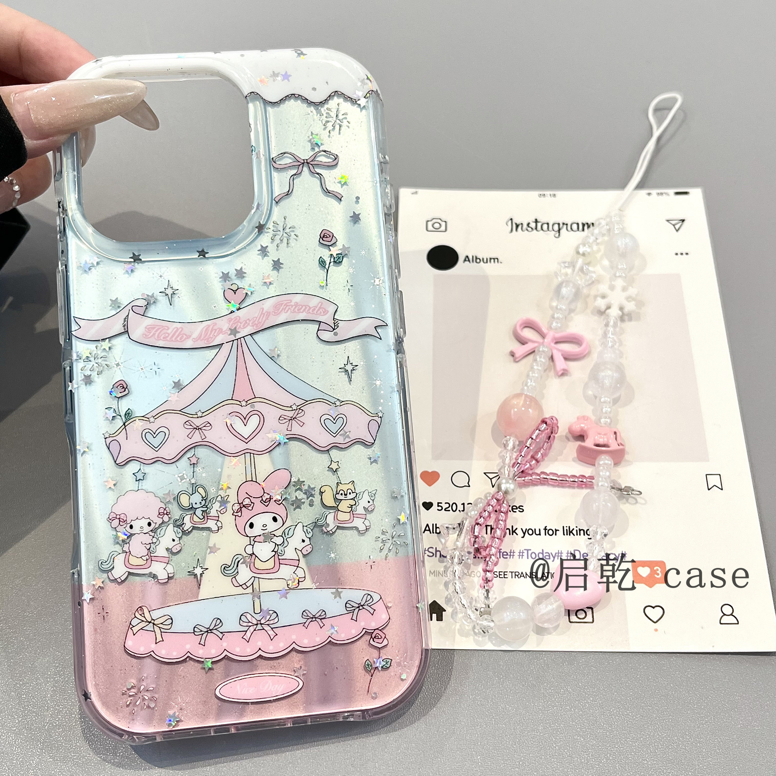 启乾 闪粉旋转木马美乐蒂小羊腕带iPhone16/15手机壳适用苹果14promax硬壳链条挂绳少女心镭射可爱卡通新款,3C数码配件,手机保护套/壳,淘宝优惠券,粉丝福利购,淘宝优惠卷