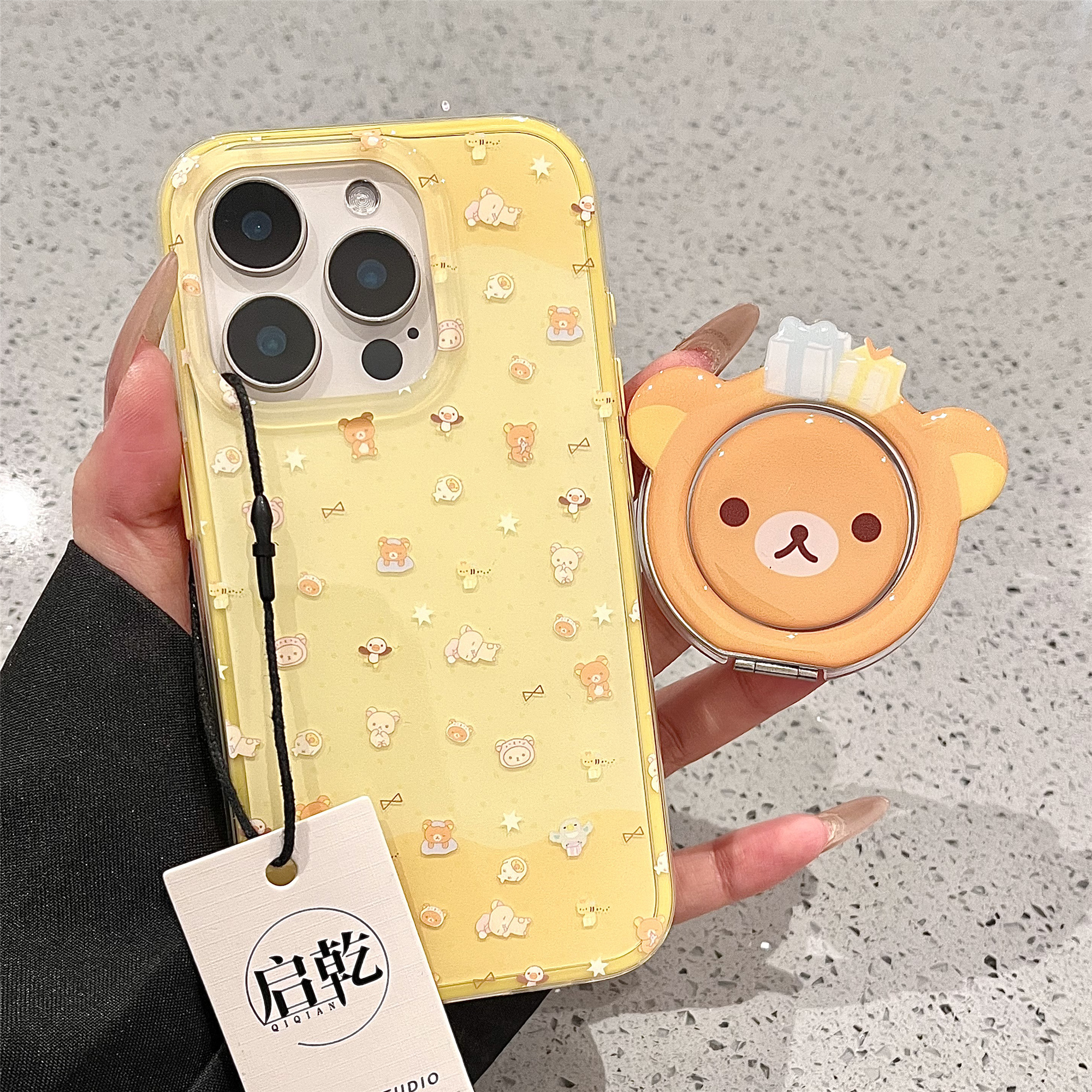 启乾 黄色轻松熊360旋转支架iPhone16/15手机壳适用苹果14/13promax二合一硬壳少女心可爱卡通趣味新款奶呼呼
