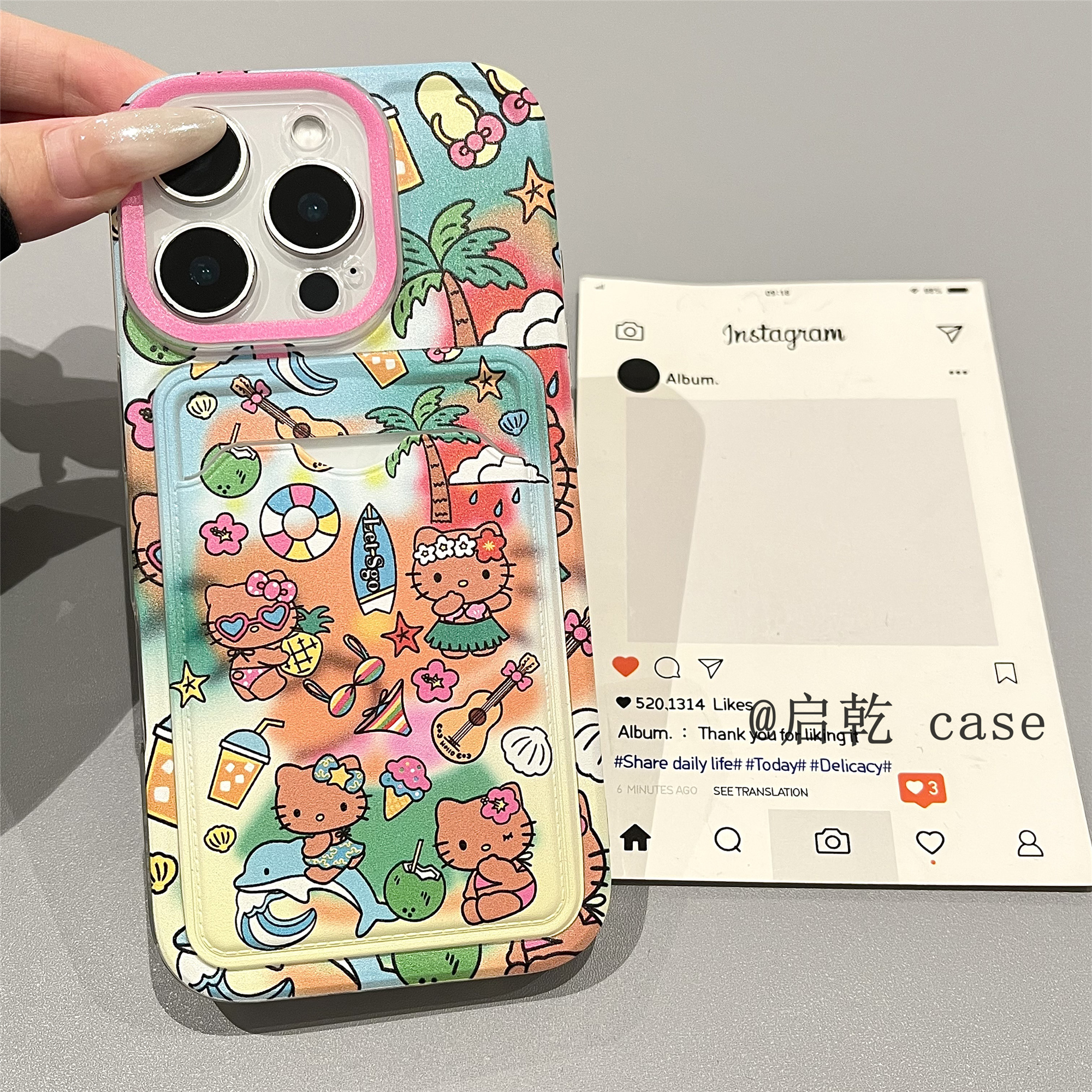 启乾 夏威夷凯蒂猫iPhone16/15手机壳适用苹果14/13promax卡包卡套插卡12/11软壳少女心xsmax卡通7plus新款