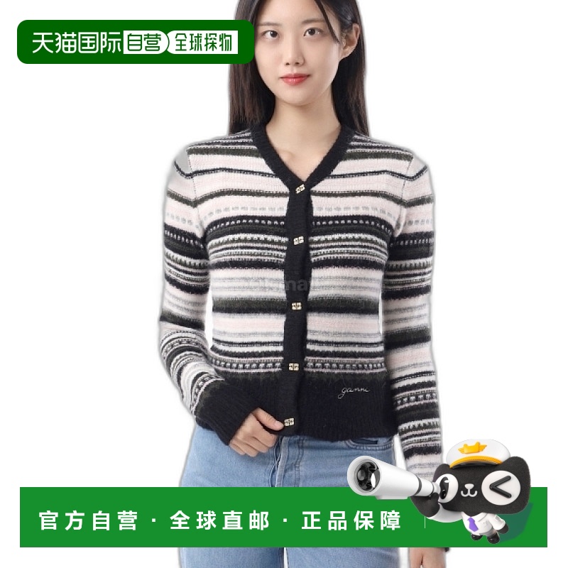韩国直邮GANNI 黑色柔软羊毛条纹开衫 (K2326 099) 开襟衫