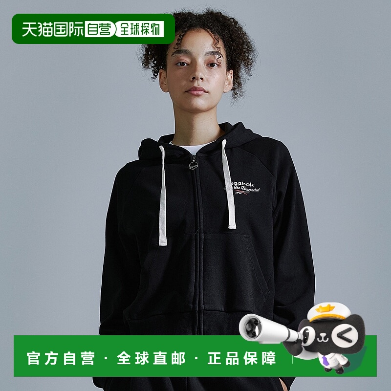韩国直邮Reebok 纯色字母短款拉链连帽长袖卫衣 女款 黑色
