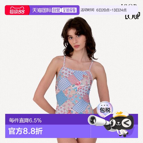 韩国直邮LOOPLOOP拼布中叉V背连体泳衣女复古显瘦遮肚天蓝粉